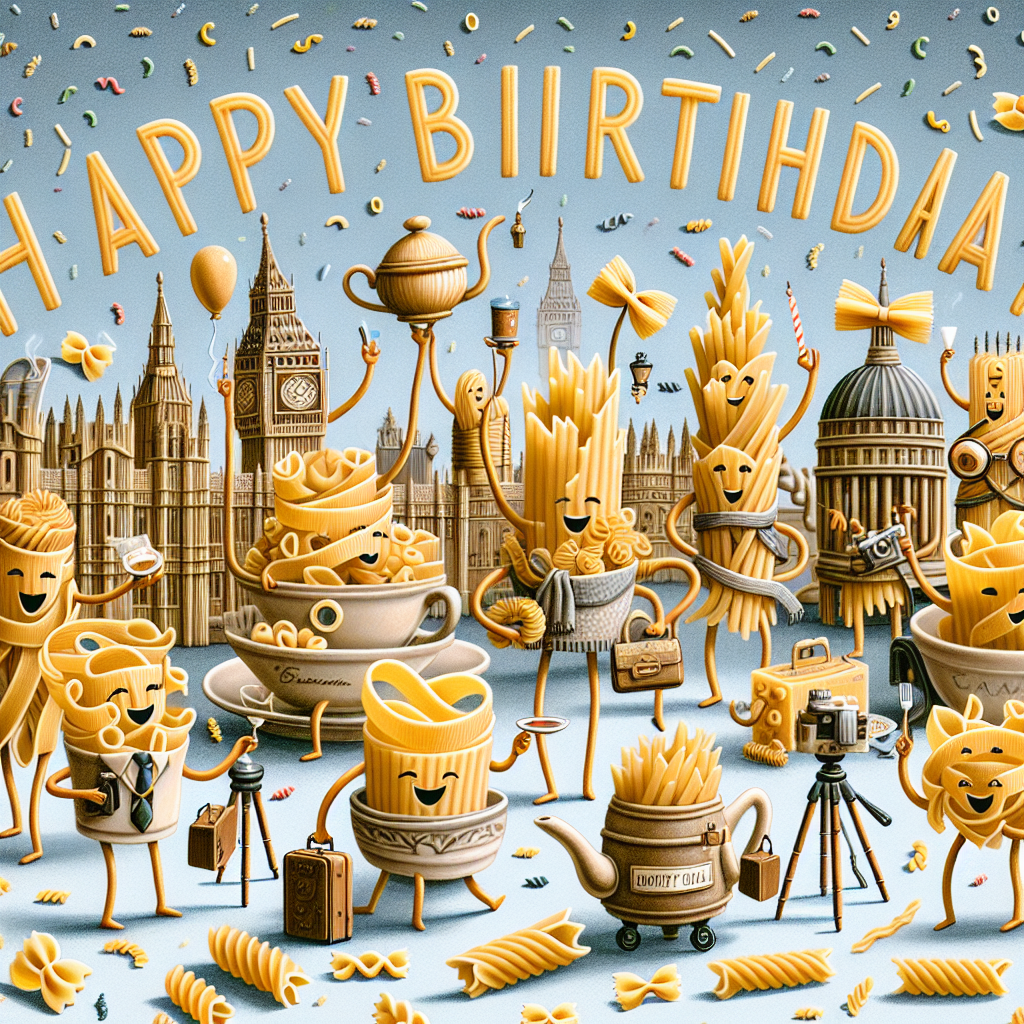 A whimsical birthday card populated by animated shapes of pasta. These pasta figures are depicted as tourists, visiting famous landmarks and traveling with tiny suitcases attached to tendrils draped with vines. In the middle of this hectic pasta travel scene, clusters of joyful plants in teapots take a break for a tea party, raising cup-handles in a toasting gesture to honor the birthday celebrant. Above them, the phrase 'Happy Birthday' stands out in grand Art Deco style fonts, calling back to the elegance of the 1920s. To finish the jubilant scene, confetti made from minuscule fusilli and penne pasta rain down on the scene.
Generated with these themes: Pasta, Plants , Travelling , Tea pots , and Great Gatsby .
Made with ❤️ by AI.
