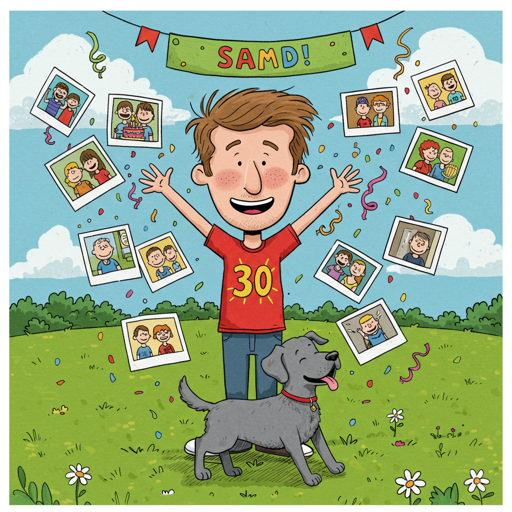 The front cover of this birthday greeting card is a vibrant cartoon scene bursting with detail and charm, channeling the playful styles of Charles Schulz and Bill Watterson. In the center, a jovial 30-year-old man with exaggerated, cartoonish features and light brown hair stands jubilantly. His hair is drawn with sweeping lines that add movement and fun, reminiscent of the classic comic style. He is clad in a bright red t-shirt with the number "30" emblazoned on it in bold yellow, comic-style letters, nodding to the milestone birthday.

Surrounding him are lots of cartoon-style photographs scattered playfully in the air. Each photograph features mini illustrations of joyful moments: the man with friends, the man at a previous birthday, or the man with family, all with exaggerated expressions and poses. The photographs flutter like leaves, each framed with colorful polka dots to add a whimsical touch.

At his feet, a grey Labrador, drawn in the cheerful, exaggerated style of Peanuts' Snoopy, is leaping excitedly, ears flopping and tail wagging with exaggerated liveliness. The Labrador's fur is a rich mix of shades of grey, detailed with simple yet effective linework to convey texture.

In the background, a cartoon-style, sky-blue horizon stretches out, dotted with fluffy, oversized clouds reminiscent of the carefree skies in Calvin and Hobbes. A banner stretches across two fluffy clouds, displaying the name "SAM" in vibrant, bold letters. The banner is bright green with contrasting white letters, fluttering whimsically in the cartoon breeze.

Scattered confetti in vibrant reds, blues, yellows, and greens adds a celebratory flair, twirling in the air around the characters. The entire scene is grounded with a lush, green grass floor, filled with simple daisies here and there, giving it an inviting, outdoorsy feel.

This card captures the essence of a joyous celebration with playful and exaggerated elements that invite the viewer into a vibrant world of whimsy and fun, while still celebrating Sam's 30th birthday.
Generated with these themes: 30 years old, Light brown hair, Man, Lots of photgraphs, Grey labrador, , and .
Made with ❤️ by AI.