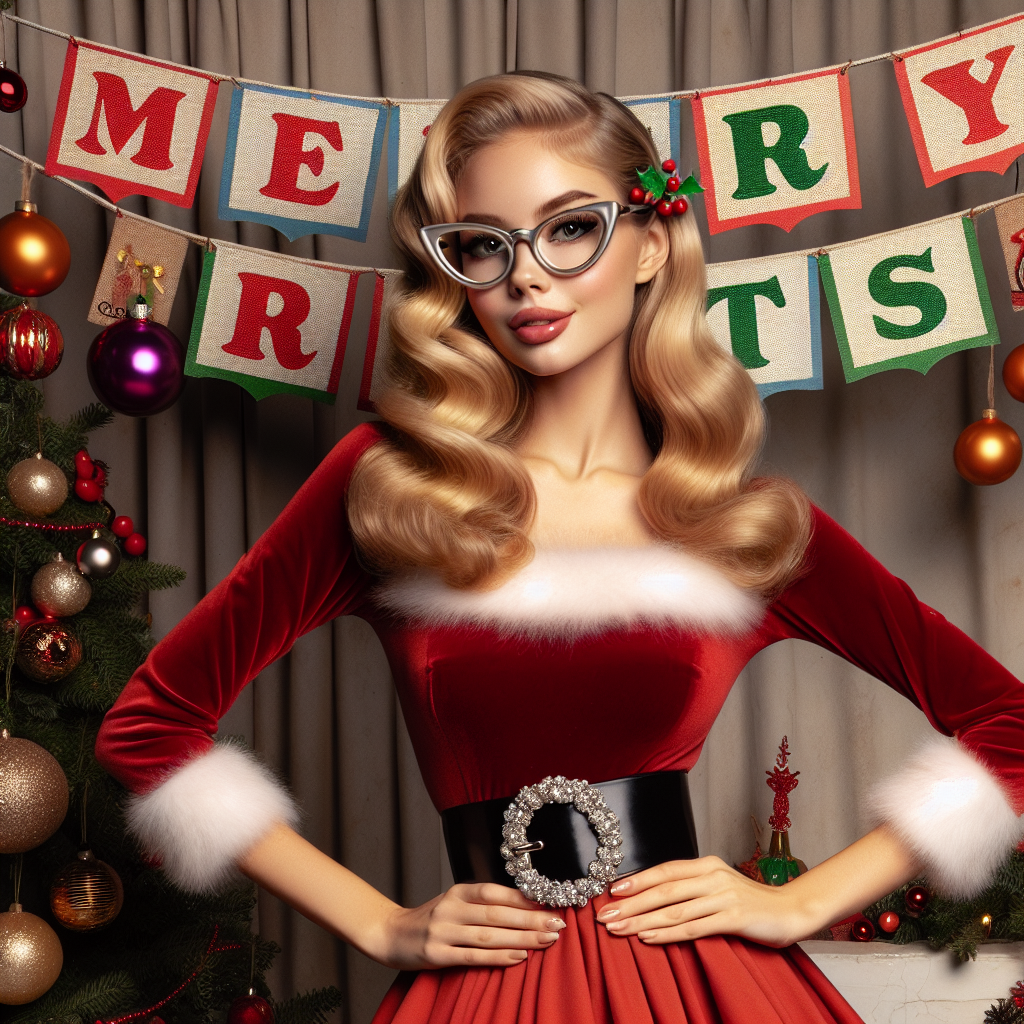 Blonde girl, Brown eyes, Sliver round glasses, Pin up style, and Vintage 1950s Christmas Card