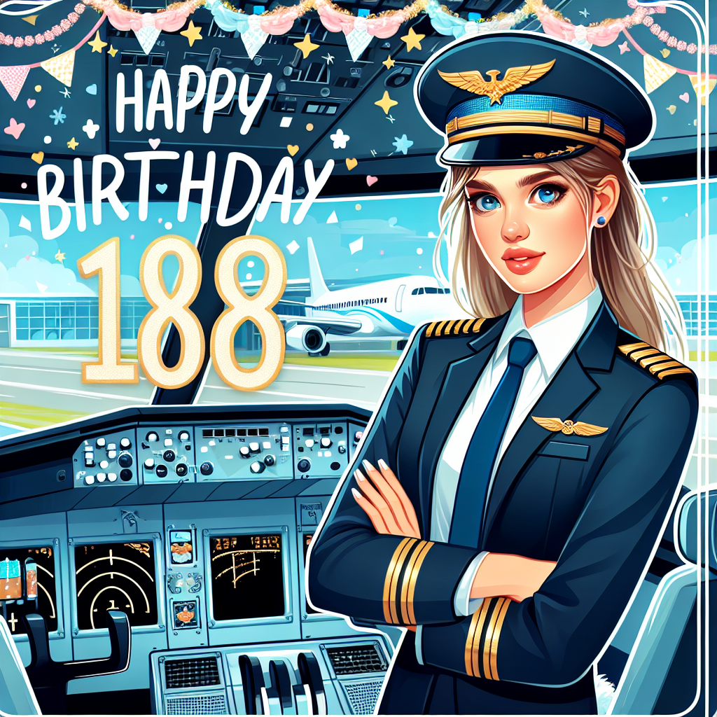 Create a delightful illustration of an 18th birthday celebration. In the scene, there's a young Caucasian woman wearing a professional airline pilot uniform, confidently standing in the cockpit with a gleaming airport visible through the windows. The design is festively decorated with birthday motifs, intensely highlighting the joyous celebration of her coming of age. This scene needs to portray the deserving pride of her aviation aspirations, along with the affectionate warmth of a daughter's milestone birthday.
Generated with these themes: 18th birthday , Airline pilot, Cockpit, Caucasian , Daughter, Airline pilot uniform, and Airport.
Made with ❤️ by AI.