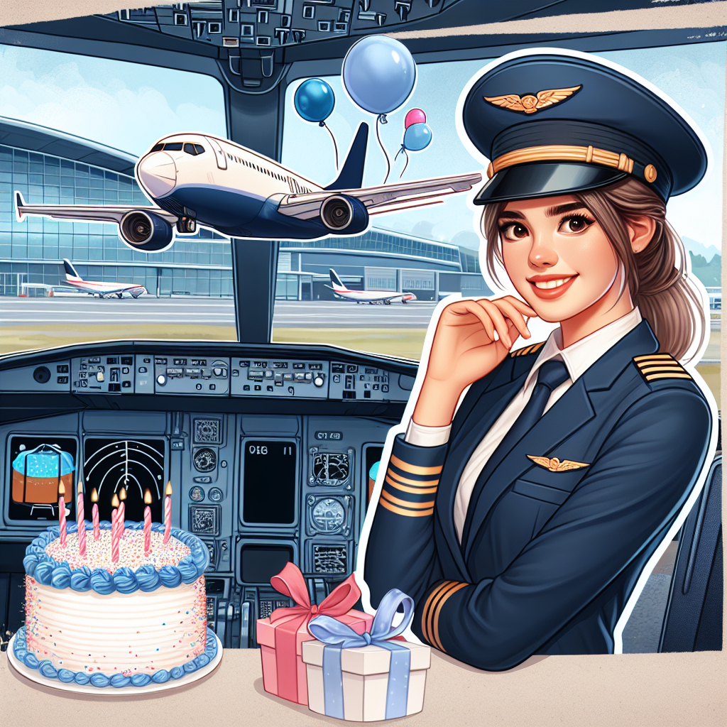 Create an illustration that captures the joyous celebration of an 18th birthday party for a young Caucasian lady who dreams of becoming an airline pilot. The image should show her confidently posed in her pilot's uniform inside an airplane cockpit. In the background, an airport terminal should be visible, positioning her dreams in an appropriate context. Integrate elements associated with birthdays such as balloons, cake, or gifts into the scene to highlight the dual nature of the celebration - personal growth and professional ambition.
Generated with these themes: 18th birthday , Airline pilot, Cockpit, Caucasian , Daughter, Airline pilot uniform, and Airport.
Made with ❤️ by AI.