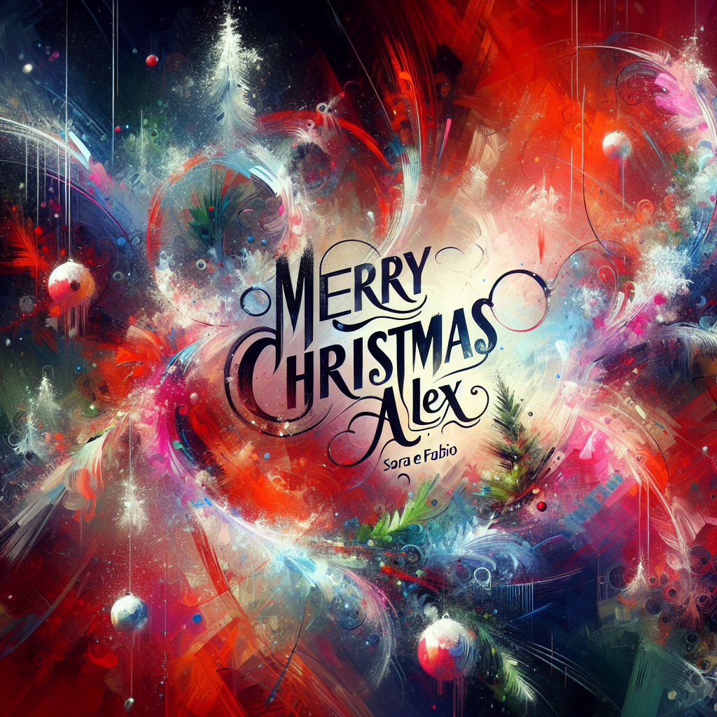 An imaginative abstract portrayal of Christmas, with a tapestry of vibrant brush strokes splashed across the canvas to suggest a joyous explosion of holiday cheer. 'Merry Christmas Alex' is prominently featured in bold, cheerful lettering that seems to dance amidst abstract representations of Christmas trees and ornaments. In a delicate script, 'Sara e Fabio' is woven into the design, floating like delicate snowflakes against the vivid background.
Generated with these themes: Merry Christmas Alex.
Made with ❤️ by AI.