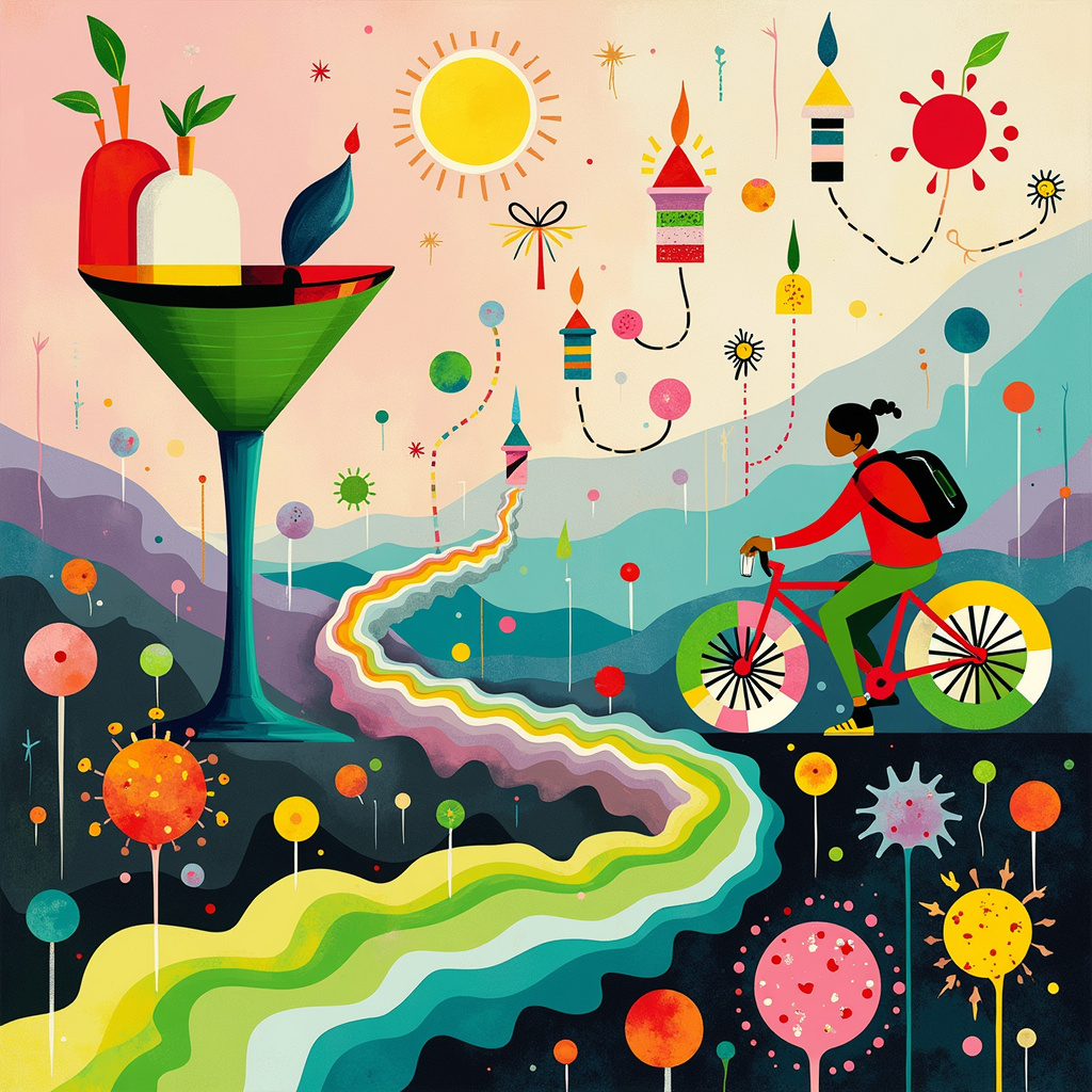 The front cover of the greeting card is a whimsical, abstract landscape where surrealism meets celebration. At the bottom left corner, a vibrant green Appletini glass, crafted from angular shapes reminiscent of Piet Mondrian, towers like a monolith. The glass's base morphs into a trail of swirling, neon-green liquid, Pollock-style splashes that transform into a serpentine hiking path snaking upwards. 

Midway up the path, two abstract figures—one adorned with geometric, Rothko-inspired color blocks, and the other with Kandinsky-like vibrant concentric circles—traverse this fantastical landscape on a multi-layered mountain bike with de Kooning-esque curves and slashes. The wheels of the bike are made of bright, interlocking cake slices, each a different color, hinting at a kaleidoscopic birthday cake—shaped like minimalist Malevich squares but radiating from a central point like a Miró starburst.

As the path ascends, it reaches a series of pastel-hued, Rothko-like mountain peaks that gradually dissolve into the upper part of the scene, transitioning into a sky of chaotic, Twombly-style scribbles. Suspended in this sky, abstract cake candles float like Richter's spectral clouds, their flames flickering with golden yellows and bright oranges, each connected by thin, delicate Martin-inspired grids and lines, creating a network of interconnected celebrations.

The entire scene is unified by a playful, swirling ribbon, weaving through all the elements, tying them together with a sense of continuous motion and connectivity, like a joyful dance of shapes and colors across the card's front cover.
Generated with these themes: Appletini , Hiking, Mountain bike, and Cake.
Made with ❤️ by AI.