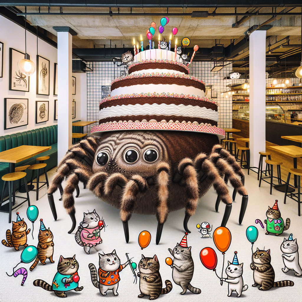 Create an image of a quirky birthday party taking place inside a popular coffee shop. The attendees are a group of East Asian shorthair cats dressed in festive clothing, happily celebrating. The main focus of the celebration is a grand birthday cake, illustrated to look like a giant isopod. A lively jumping spider carrying balloons, with animated, exaggerated eyes, is scurrying around the party, adding an extra touch of cheerful disorder to the scene.
Generated with these themes: Isopods, Jumping Spider, Oriental Cats, and Starbucks.
Made with ❤️ by AI.