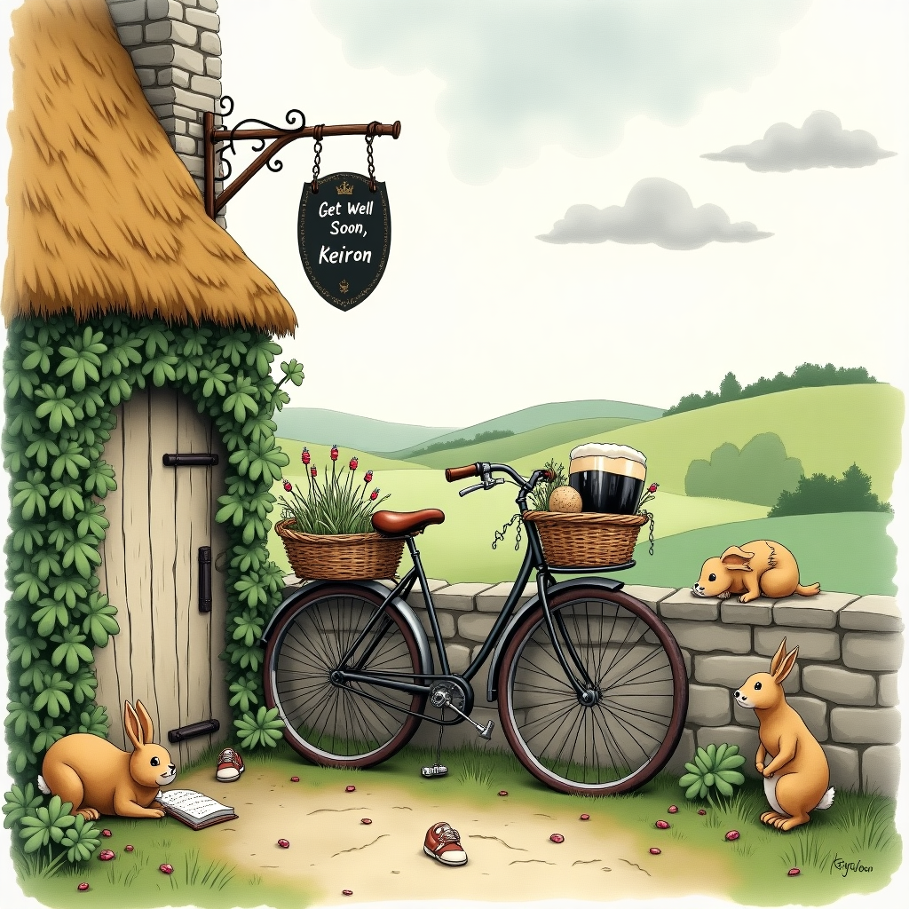 The front cover of the sympathy greeting card features a whimsical and detailed illustration set against a quaint Irish village. The scene unfolds under a soft, overcast sky, reminiscent of a misty morning, where subtle shades of grey-blue give a dreamy feel to the horizon.

Central to the scene is a charmingly crooked, hand-drawn cottage, its stone façade adorned with climbing ivy, and a thatched roof peeking through the foliage. This structure is subtly nestled among the lush, rolling green hills of Ireland, painted in deep emerald and sage hues. 

In the foreground, an old-fashioned bicycle, its frame lovingly rusted, leans casually against a low stone wall. The bike’s wicker basket is humorously brimming with an eclectic assortment of items: a whimsical bouquet of wildflowers peeks out, along with a plush Guinness pint plushy—complete with creamy foam top—playfully tilting out of the basket. The bicycle's wheels are slightly exaggerated and sketchy, invoking Quentin Blake's playful style.

Beside the bike, a patch of shamrocks sprawls across the ground, adding a touch of Beatrix Potter’s botanical whimsy. A curious hare, drawn with the fine detail of Arthur Rackham, peeks from behind the wall, observing a tiny scene unfolding on the other side.

A tiny, quaint pub sign hangs from the cottage, swinging gently in the imaginary breeze, painted with the rich, iconic black and cream colors of Guinness. Above, in the sky, a small banner, held aloft by two jovial clouds, reads “Get Well Soon, Keiron” in an elegant, flowing script reminiscent of Aubrey Beardsley’s line work. 

Scattered around the scene are subtly placed nods to Norman Rockwell’s storytelling—an open book resting by the bike, its pages flapping, a pair of old shoes casually tossed nearby, and a small, fluffy dog laying sleepily next to them, adding to the richness of the narrative.

The background maintains a soft watercolor wash, allowing the foreground elements to pop, while the edges of the scene gently fade into soft pastels, a nod to Maxfield Parrish’s ethereal touch. The overall illustration invites a gentle chuckle and offers a heartfelt message through its rich details and lively composition.
Generated with these themes: Get Well soon , Cycling , Ireland , and Guinness .
Made with ❤️ by AI.