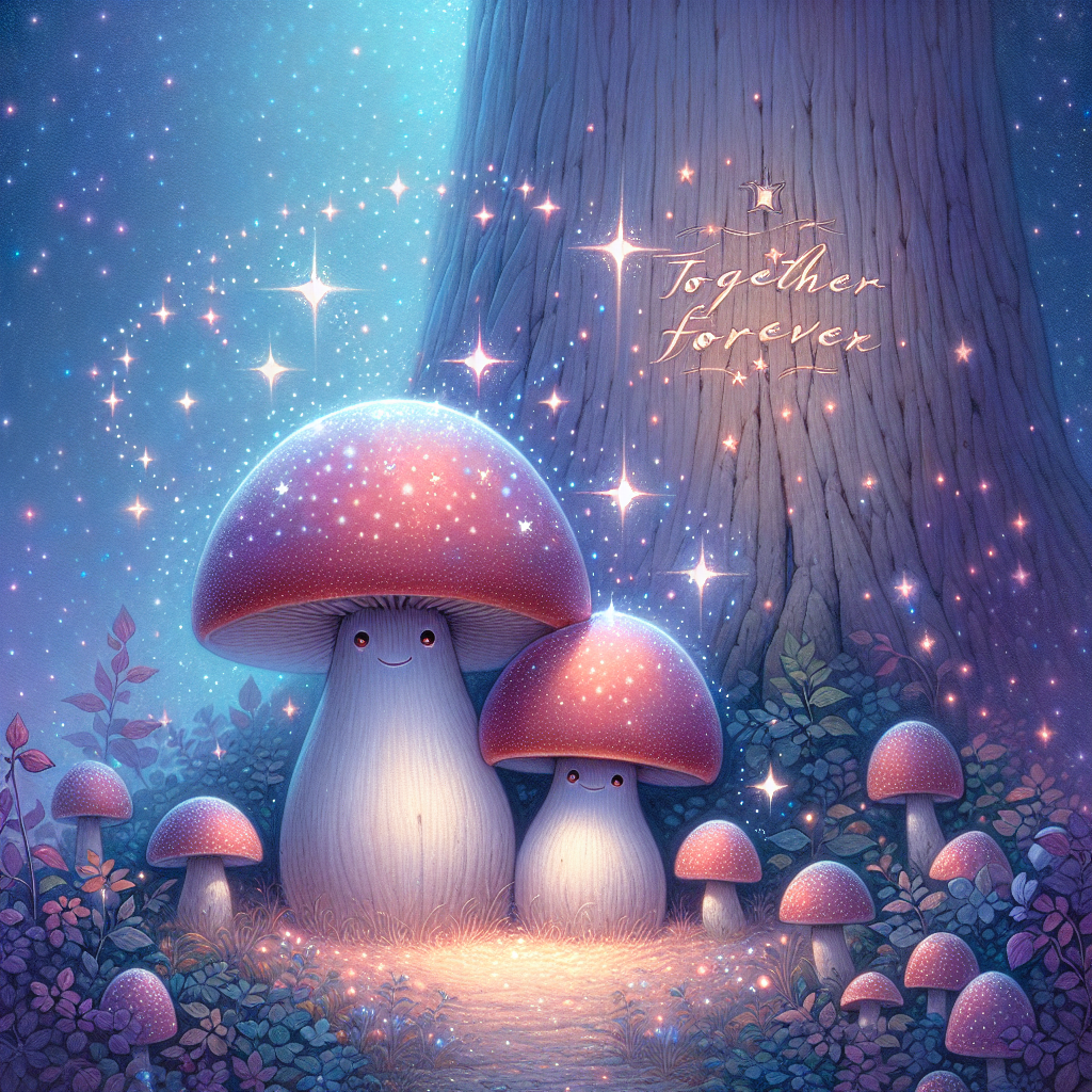 Create a heartwarming image reflecting an anniversary, featuring two anthropomorphic mushrooms glowing under the starry sky, their caps adorned with tiny, twinkling stars. The colors primarily include gentle and dreamy hues of blue and lavender. Sparkles are scattered across the scene, adding a magical touch, while the mushrooms stand in an open clearing of a whimsical forest to symbolize their strong bond. In the background, a timeless inscription 'Together Forever' is etched carefully into the bark of an ancient tree.
Generated with these themes: Mushrooms.
Made with ❤️ by AI.