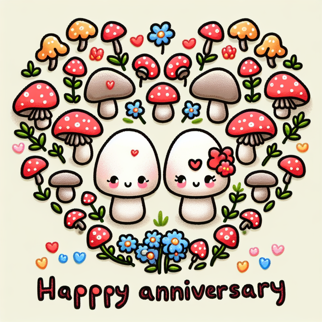Create a light-hearted illustration commemorating an anniversary. This image features two cartoon-like mushrooms with joyful expressions, standing next to each other in the middle. Their surroundings consist of a heart-shaped decoration made from miniature mushrooms and flowers, conveying themes of love and prosperity over time. Above these central characters, include the phrase 'Happy Anniversary' crafted in a fun, handwritten typeface, contributing a personalized feel to the illustration.
Generated with these themes: Mushrooms.
Made with ❤️ by AI.