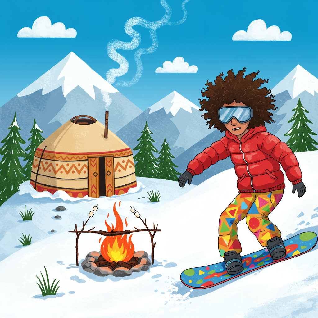 **Front Cover Illustration Description:**

In the foreground of the birthday card, imagine a curly-haired man with an exaggeratedly wild mop of curly hair, reminiscent of a 1970s disco star, snowboarding down a whimsical, cartoon-style snow-covered mountain. His snowboard is decorated with a vibrant pattern of polka dots in electric blue, lime green, and sunshine yellow, standing out against the pure white snow. He’s wearing a bright red puffy jacket with oversized, comically large goggles that seem to take up half his face, giving him an adventurous yet humorous look. His pants are a kaleidoscope of geometric patterns in neon colors, reminiscent of a retro video game, adding an extra splash of color to the scene.

To the left, in the middle ground, a cozy yurt is nestled against the backdrop of the mountain, its round shape and striped fabric giving it an exotic touch. The yurt is adorned with patterns of zigzags and dots in earth tones like warm browns and deep oranges, echoing traditional nomadic designs. Smoke curls up whimsically from a chimney at the top, suggesting warmth inside.

Just in front of the yurt, a cheerful campfire blazes, its flames rendered in swirling hues of orange, yellow, and red. A couple of exaggeratedly large marshmallows on sticks are positioned over the fire, one slightly singed to show a delicious, golden-brown color. Around the fire, the snow is melted in a perfect circle, revealing a patch of green grass as if the warmth of the fire has magically turned winter into spring.

In the background, the mountain peaks rise dramatically, their tops capped with bright white snow and a few stylized pine trees that look like they’ve been plucked straight from a cartoon forest. The sky above is a brilliant cerulean blue, dotted with a scattering of fluffy white clouds, as if painted by a master of whimsy.

Overall, the scene combines the playful, exaggerated style of Bill Watterson's "Calvin and Hobbes" with the vibrant and imaginative world-building seen in Charles Schulz's "Peanuts," creating a dynamic and visually arresting cover for a birthday greeting card.
Generated with these themes: Curly haired man snowboarding down a mountain, and There is a yurt in the background and a campfire .
Made with ❤️ by AI.