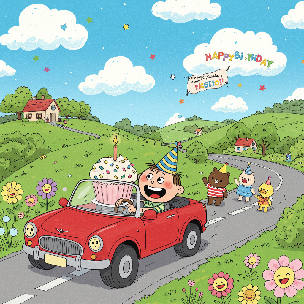 **Front Cover Description:**

**Foreground Scene:**
A cartoon-style birthday scene featuring a bright red convertible car with oversized wheels and a comically tiny windshield. Inside the car, a cheerful, exaggerated cartoon character with a large head, bulging eyes, and an enormous smile is behind the wheel, wearing a party hat that's too big and leaning to one side. The character's hands are humorously oversized, gripping the wheel with enthusiasm. On the passenger seat, there's a giant cupcake with multicolored frosting and a single, lit candle.

**Background Elements:**
- **Landscape:** The car is driving along a winding, scenic road that curves through rolling green hills, reminiscent of Charles Schulz's simplistic yet charming style. The hills are dotted with whimsical, oversized flowers in vibrant pinks, purples, and yellows, each with a smiling face.
- **Sky:** A bright, azure blue sky stretches above with fluffy white clouds shaped like birthday presents and balloons. A small, playful banner trailing from one cloud reads "Tester" in colorful, bold letters, as if a skywriter left it behind.
- **Roadside Details:** On either side of the road, there are quaint cartoon-style houses with exaggerated features: one has a sloping roof like in R. Crumb's comix, another with circular windows like in Hergé's Tintin.
- **Additional Characters:** Along the roadside, a line of cartoon animals (a bear, a rabbit, and a duck, all with expressive features) stand waving at the car, each wearing tiny party hats.

**Color Palette:**
- **Car:** Bright red with white accents.
- **Landscape:** Various shades of lush green for the hills; multicolored flowers (pink, purple, yellow); pastel houses in shades of blue, green, and orange.
- **Sky:** Bright blue with white clouds and multicolored banners.
- **Characters:** The main character in the car wears a bright yellow shirt with green stripes, contrasting with the vibrant red car and adding to the lively composition.

The scene should be packed with playful and humorous details, drawing inspiration from the whimsical and exaggerated styles of artists like Bill Watterson and Gary Larson, ensuring a lively and engaging birthday greeting card cover.
Generated with these themes: Driving a car in a beautiful landscape.
Made with ❤️ by AI.