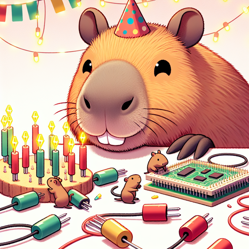 Create a cartoon-like image illustrating a birthday celebration scene. The focal point of the image is a cheerful capybara expression a warm smile. The birthday setting has been inspired by electrical circuits, evident with the glued together twinkling lights resembling LEDs. Wire-like streamers decorate the scene, contributing to the circuit theme. Mini capybaras are actively interacting with oversized electrical connectors which they use as building blocks, providing a playful and innovative element. Each mini capybara has a tiny connector-shaped hat, further enhancing the electrical circuit theme of the birthday celebration. Create a vibrant and joyful scene, with great attention to detail to represent each aspect of this adorable and unique birthday setting.
Generated with these themes: Capybara, and Electrical connectors.
Made with ❤️ by AI.