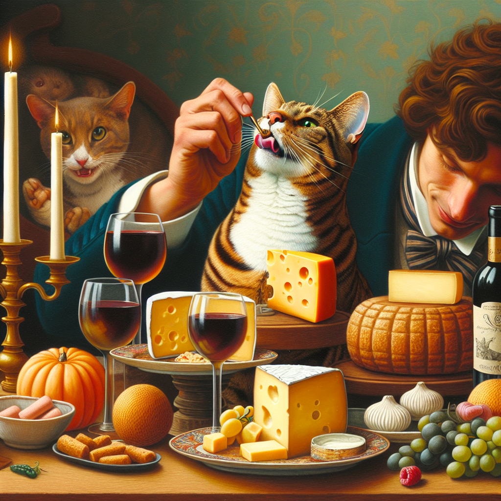 Create a surreal image showing the playful and whimsical celebration of an anniversary. The focal point should be a brown tabby cat, relishing an assortment of cheeses and delicately sipping wine. The ambiance should exude warmth and joy. The painting also includes a humorous scene with the cat engaging in a playful smack with a brown-haired Caucasian man, adding an unexpected, mischievous twist to the celebration.
Generated with these themes: Brown Tabby cat eating cheese and drinking wine, and Brown Tabby cat smacking brown haired man.
Made with ❤️ by AI.