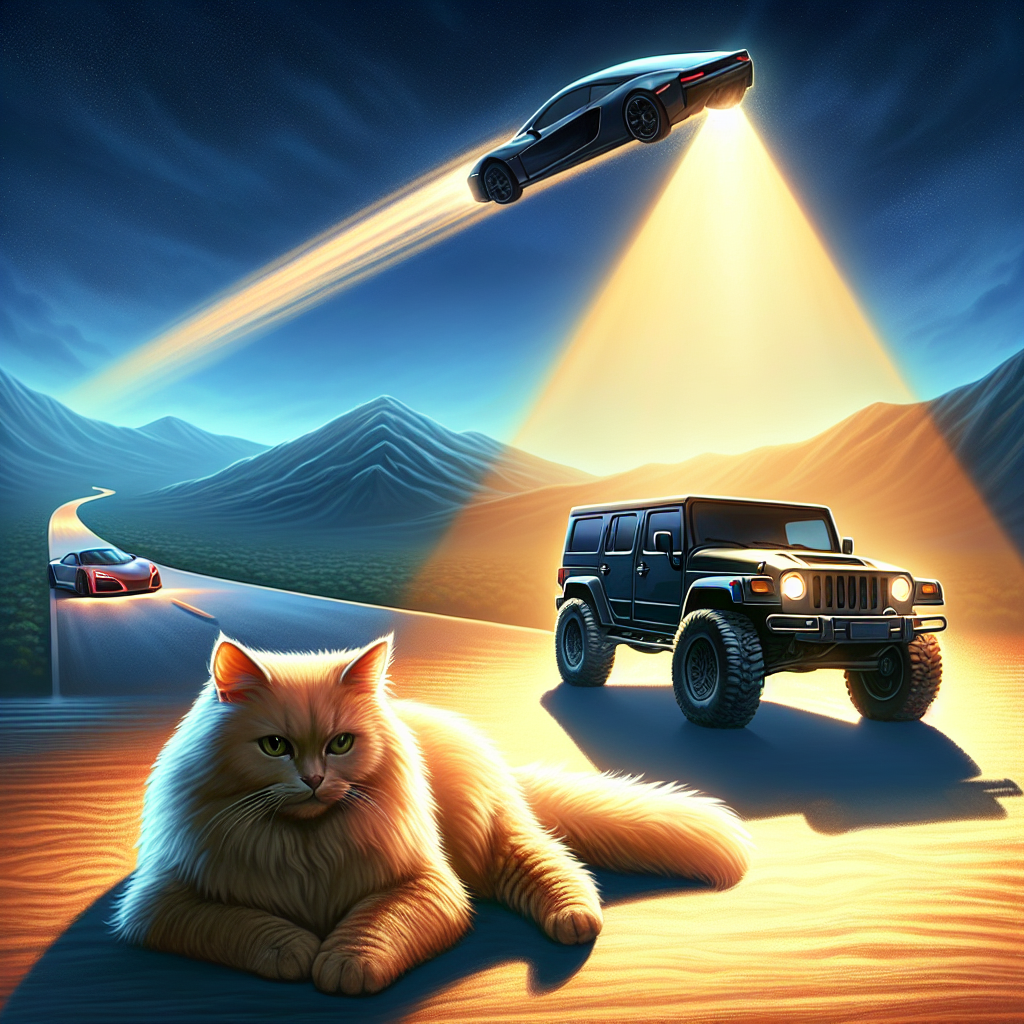 Glowing in the radiance of significant accomplishment, a magnificent off-road vehicle is parked, symbolic of the resolve and extensive journey that culminated in this instance. Beside it, a fluffy, ginger-hued feline relaxes with an air of self-assuredness, an embodiment of the comfort and gratification derived from such an accomplishment. On the far horizon, the shadowy shape of a sleek, high-speed car races towards undiscovered vistas, indicative of the thrilling pace at which life is progressing. Kudos on your exceptional accomplishment!
Generated with these themes: Landrover , Ginger fluffy cat, and Porsche.
Made with ❤️ by AI.