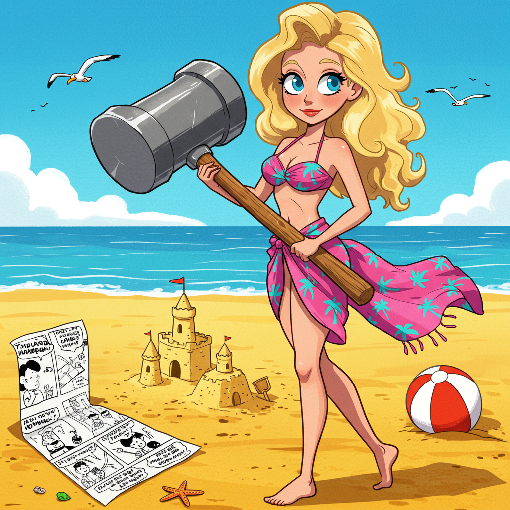 Front and center, there's a glamorous blonde lady with cascading, voluminous curls that catch the breeze. Her bright blue eyes are exaggerated and twinkle with a playful glint, reminiscent of the expressive style of Bill Watterson's "Calvin and Hobbes." She's wearing a vibrant, tropical-themed bikini top—think hot pink with electric blue palm tree patterns—and a matching sarong that wraps around her waist, its fabric fluttering slightly as if caught in a gentle wind.

In her hand, she holds a cartoonishly large claw hammer, its metallic surface gleaming under the sun. The hammer is styled in the playful, exaggerated proportions of Gary Larson’s "The Far Side," with a shiny wooden handle and oversized claw.

The background is a sunlit beach scene, vividly illustrated in the clean, clear lines and bright colors reminiscent of Hergé’s "Tintin." The sand is a golden-yellow with tiny, stylized shells scattered about. In the distance, the ocean is a brilliant azure, with gentle, curling waves drawn in rhythmic, flowing lines like those in Charles Schulz's "Peanuts." A couple of seagulls, detailed with cartoonish outlines, soar across the sky, which is a bright cerulean dotted with a few fluffy white clouds.

Nearby, there's a playful nod to the surreal style of Winsor McCay with a small, intricately detailed sandcastle. It's extravagantly detailed, with tiny flags fluttering on its turrets and tiny windows etched into the sand, evoking a whimsical, dream-like quality. A beach ball, colored in bold primary shades, rests nearby, casting a soft shadow on the sand, adding a touch of the classic Disney animation color scheme.

On the side, a beach towel with a comic strip design of an action-packed sequence unfolds—perhaps a nod to Osamu Tezuka—with panels showing an animated sequence of a crab constructing a miniature sand version of the Eiffel Tower, engaging the viewer with its playful storytelling element.

All these elements come together to create a vivid, lively scene, full of bold colors and exaggerated details that invite the viewer to linger and explore every quirky, playful detail.
Generated with these themes: Glamorous blonde lady with blue eyes holding a claw hammer on beach wearing sarong and bikini top.
Made with ❤️ by AI.