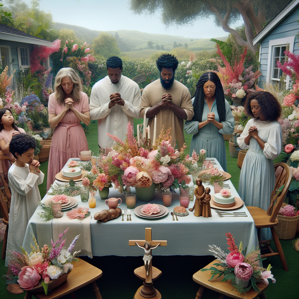 This is an idyllic outdoor scene set in a picturesque backyard, where the soothing sound of nature is palpable. A family, composed of diverse members with various genders and descents including Caucasian, Hispanic, Black, Middle-Eastern, and South Asian, come together around a table adorned with soft pastel-colored decorations. Their hands are joined together in prayer, expressing gratitude for the blessings of another year. Flowers, painstakingly arranged, infuse an explosion of color in the scene and imitate the beauty of natural flora. Accompanying these blooms, there are carefully carved wooden bird figurines symbolizing freedom and grace. The family's Christian faith is gracefully implied through a simple, modest cake that is at the center of the gathering, which is crowned by a cross, reminding everyone of the core values of love and kinship that bind them.
Generated with these themes: Flowers, Birds, Family, and Christian Faith.
Made with ❤️ by AI.