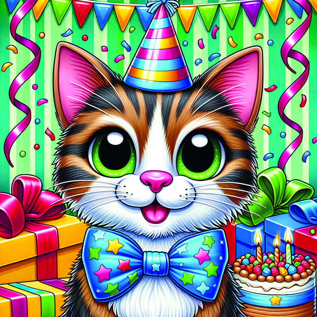 Create an adorable cartoon birthday scene. In the center, a Domestic Shorthair cat possessing a mix of brown, black tabby, and white hues gazes out with eyes full of delight, coloured a vibrant green. This cheerful feline wears a tiny bowtie that matches the exuberantly-colored party decor. Background comes alive with cascading streamers, and an inviting pile of wrapped gifts teases the upcoming merriment. All of these elements draw focus towards the feline birthday celebrant, as it eagerly anticipates a slice of its favorite treat, a delightful tuna-flavored cake.
.
Made with ❤️ by AI.