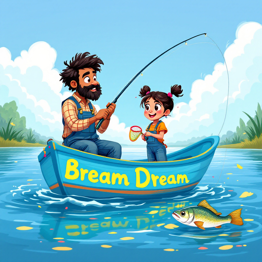 In the bustling cartoon landscape, a whimsical scene unfolds, capturing the essence of a delightful birthday fishing adventure. At the heart of the illustration, a vibrant blue boat bobs gently on the calm, azure waters of a cartoonish lake, sprinkled with playful ripples. The boat bears the quirky name "Bream Dream," painted in cheerful yellow letters along its side. A Hindu father, sporting a quirky pair of plaid dungarees, is perched at the bow of the boat, holding a fishing rod. His skin is a warm brown, and a look of exaggerated concentration is etched on his cartoonishly expressive face as he battles a spirited bream, which leaps joyfully from the water, its scales shimmering like rainbow confetti in the sunlight.

Next to him stands his daughter, a spirited young girl dressed in matching dungarees, with oversized fishing boots that seem to swallow her tiny feet. Her pigtails are animatedly waving in the wind, and she's holding a colorful net, ready to assist her dad with the catch. Her eyes are wide with excitement, glasses perched precariously on her nose.

On the shore, a curvaceous Mercedes Benz and a sleek BMW are parked side by side, their cartoonish features exaggerated with oversized wheels and smiling grilles. Leaning casually against the Mercedes, the wife, with glasses that give her a smart and slightly mischievous look, waves enthusiastically at the duo on the boat. She's adorned in a bright, floral sari, its vibrant colors echoing the lively hues of the surrounding scene.

Above, the sky is an endless expanse of bubblegum pink, with fluffy, white clouds in the shape of bream fish drifting lazily by. A cheerful sun beams down, wearing cartoon sunglasses. In the background, cartoon trees with overgrown, vibrant foliage sway gently, adding depth to the idyllic setting. The whole scene is infused with a sense of playful animation, where every detail from the father and daughter’s exaggerated expressions to the comically expressive cars tells a joyful birthday tale of family and fun.
Generated with these themes: Bream Fishing on a Boat, Hindu, Daughter in Dungarees, Brown People, Wife in Glasses, Mercedes Benz, and BMW.
Made with ❤️ by AI.