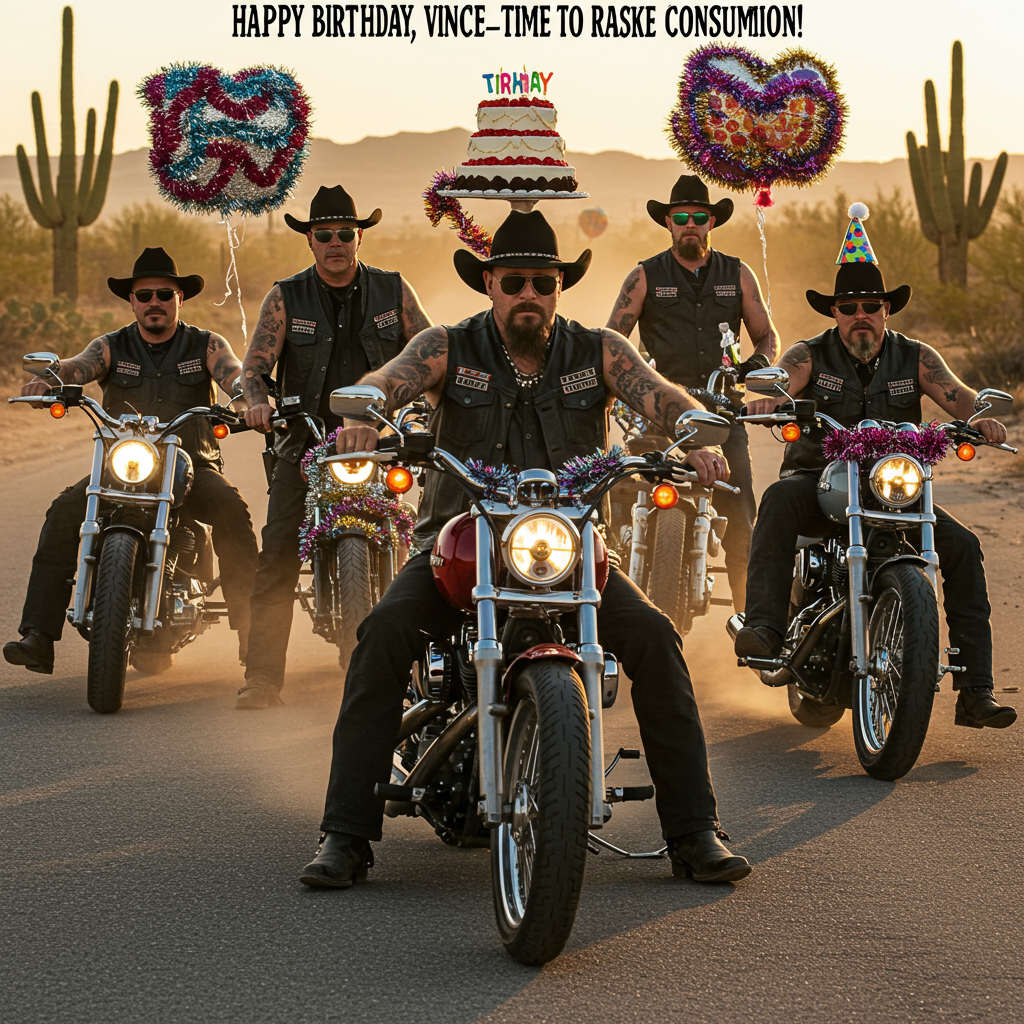 **Prompt for Image Generation:**

At the top of the realistic photograph image:  
**"Happy Birthday, Vince — Time to ride into reckless cake consumption!"**

Generate a highly detailed, realistic photograph of a group of tough-looking, tattooed cowboys in full leather gear, all wearing sunglasses, revving their motorcycles on a dusty desert road at golden hour. Their motorcycles are decked out with birthday streamers, balloons, and absurd party hats on the handlebars. One cowboy holds a cake balanced precariously on his fuel tank. Another cowboy's tattoo reads "Born to Be Mild." In the background, cacti are decorated with tinsel and candles. Everyone in the gang is dead serious — which makes it funnier. Think Sons of Anarchy meets surprise party.
Generated with these themes: A gang of tattooed cowboys with shades on on motorcycles .
Made with ❤️ by AI.