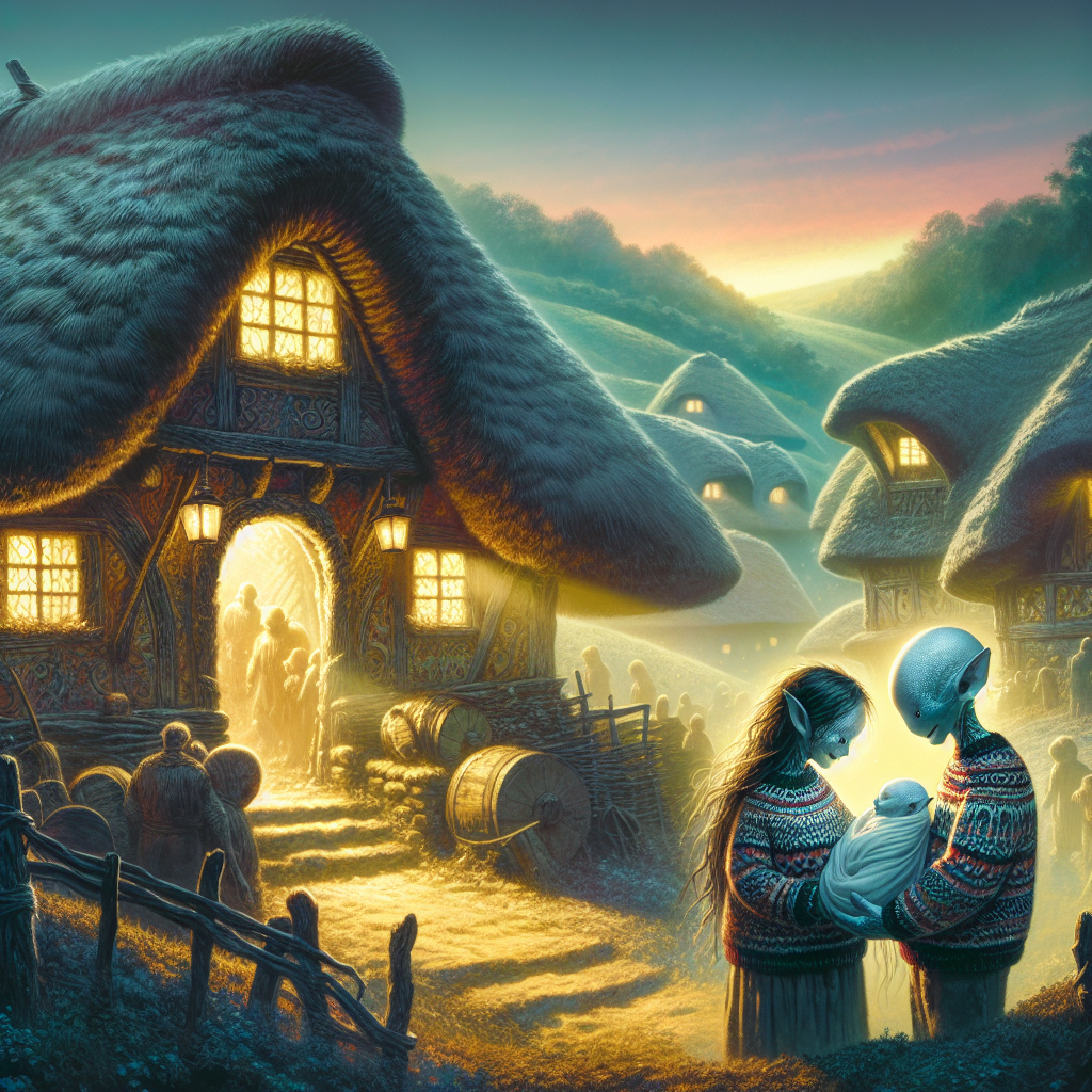 Imagine a fantastical scene where a small humanoid couple, with features characteristic of a fictional race known for living in burrow-like homes, is greeting their newborn outside a quaint, old-fashioned tavern. The tavern, a focal point for their community, radiates a dreamy luminescence that illuminates the complex sweaters each character is wearing, the patterns reminiscent of deep-seated myths and legends. The scene is picturized against a landscape that blends the thatch-covered tavern roof with the rolling green hills characteristic of their territory. The edges of the scene gently fade into a mystical fog, symbolizing the melding of their routine existence with the exciting adventure of new parenthood.
Generated with these themes: Lord of the rings, Hobbits, The pub, and Cardigans.
Made with ❤️ by AI.