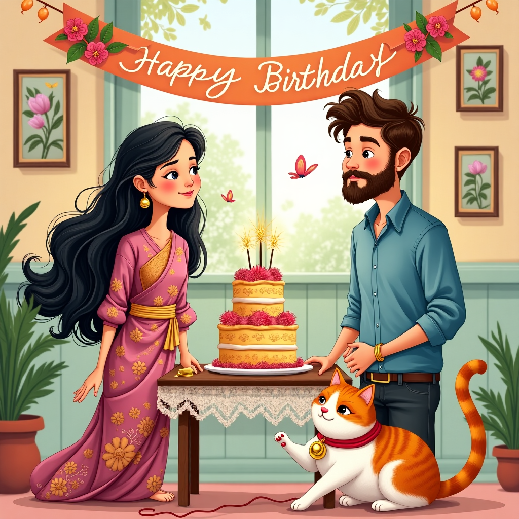 **Card Front Cover Illustration Description:**

The scene is a delightful, hand-drawn birthday celebration captured in intricate detail. At the center, a Thai lady is depicted with flowing long black hair cascading down her back. She is wearing a traditional Thai silk dress in vibrant hues of fuchsia and gold, intricately patterned with delicate lotus flowers. Her eyes are focused on a large, beautifully decorated birthday cake on the table in front of her.

Beside her, the English guy stands with a friendly demeanor. He has a well-groomed brown beard stubble and short, tousled brown hair. His attire includes a crisp blue shirt with rolled-up sleeves, revealing a simple leather bracelet on his wrist. He holds a small bouquet of wildflowers tied with a yellow ribbon, ready to surprise someone.

At their feet, a plump white and ginger cat lounges comfortably. The cat wears a red collar with a small, gleaming bell that catches the light. It playfully paws at a loose ribbon on the floor.

The background features a cozy room setting with pastel-colored walls adorned with framed pictures. A window reveals a sunlit garden outside, with butterflies fluttering among the flowers. A wooden table occupies the center, covered with a lace tablecloth. On it rests a tiered birthday cake, topped with sparklers that twinkle with a silver glow.

Suspended above the table, a vibrant banner stretches across the scene, with the name "Poppy" elegantly written in cheerful, swirling letters. The banner is decorated with small painted flowers and balloons.

Inspiration from artists is reflected in the line work and color palette—whimsical like Quentin Blake, with detailed renderings reminiscent of Arthur Rackham, and a touch of Norman Rockwell's storytelling. The illustration captures a moment frozen in time, rich with elements to explore.
Generated with these themes: Thai lady with long black hair, White and ginger cat with red collar and bell, and English guy with brown beard stubble and brown hair in blue shirt.
Made with ❤️ by AI.