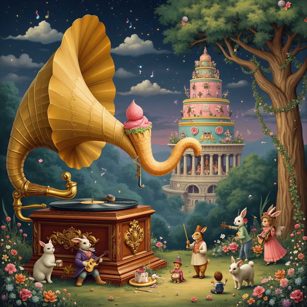 The front cover of this birthday greetings card is a surreal, dream-like landscape blending whimsy with intricate detail. Imagine a twilight garden where the sky is a gradient of deep purples and golden hues, reminiscent of Maxfield Parrish’s ethereal skies. In the center, a grand, vintage gramophone with an oversized, ornate cornucopia-like horn takes the stage, inspired by Edward Gorey's quirky elegance. The horn, however, is no ordinary one; it transforms into an elaborate cornet ice cream cone. Swirling from its mouthpiece are fantastical musical notes and ribbons of pastel-colored ice cream, blending into a whimsical, sugary cloud.

Around the base of the gramophone, Maurice Sendak-inspired anthropomorphic creatures, with the playful charm of Beatrix Potter’s animals, gather. These whimsical beings are a mix of playful cats dressed in Victorian attire, mischievous rabbits with tiny waistcoats, and whimsical birds wearing miniature top hats. Each creature holds an instrument made of dessert items – violins with licorice strings, drums of gingerbread, and marshmallow flutes.

To the left, a majestic, oversized Jazmin Bean tree, its branches adorned with glittering, jewel-like beans, inspired by Arthur Rackham’s meticulous foliage, stretches upwards. The beans glisten in the twilight, casting prismatic light on the ground below. Some beans have burst open, revealing tiny fairy-like beings emerging, each one dressed in intricate attire that combines elements of Beardsley's delicate line work with the playful nature of Quentin Blake’s characters.

In the background, a series of towering, delicately illustrated birthday cakes rise up like ancient ruins, their layers decorated with vines and flowers reminiscent of Norman Rockwell's Americana charm, yet imbued with a surreal twist. Each cake layer is a stage where miniature circus acts perform – jugglers balancing macarons, tightrope walkers on strands of licorice, and clowns emerging from cream puffs.

The entire scene is set on a bed of lush, verdant grass dotted with oversized daisies, sunflowers, and roses, taking cues from N.C. Wyeth’s vibrant landscapes, all contributing to the lush, inviting ground. Scattered amongst the flowers are tiny teapots and teacups, each one brimming with vibrant, colorful potions, nodding to Gustave Doré’s intricate details and enchanting aura.

Every element combines to create a birthday scene that tells a story of celebration, fantasy, and a touch of the bizarre – a perfect homage to the creative genius of the requested themes and artists.
Generated with these themes: Jazmin bean, and Cornet.
Made with ❤️ by AI.