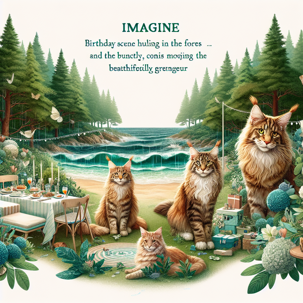 Imagine a birthday scene filled with natural wonder and homely charm. It unfolds on an idyllic beach hugging the boundaries of a lush forest. Gentle rain delicately pats the foliage, while Maine Coon cats playfully weave themselves between the trees, their eyes mirroring the vibrant green canopy overhead. At the fringes of the forest, a cozy birthday setup—with a subtle theme echoing nature's breathtaking grandeur—awaits. The rhythmic music of ocean waves serves as a tranquil background score for this beautifully scenic celebration.
Generated with these themes: Asgeir, Maine Coon cats, Rain, Forests, and The perfect beach.
Made with ❤️ by AI.