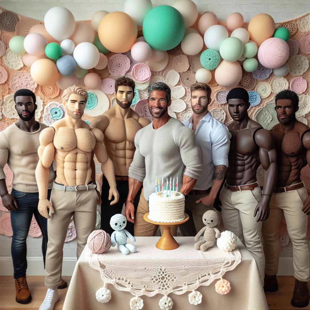A charmingly cute and realistic birthday scene is presented, featuring a backdrop of plush, crochet decorations that exude a cozy, homemade charm. Amidst the soft textures and delicate pastel balloons, a group of well-built men of various descents such as Caucasian, Black, and Hispanic, add an unexpected element to the celebration. Their confident smiles and casual attire offering contrast yet complementing the meticulously crafted crochet details adorning the room. From a crochet cake topper to the exquisite table runners, these elements together create an eclectic and captivating birthday atmosphere.
Generated with these themes: Sexy men , and Crochet .
Made with ❤️ by AI.