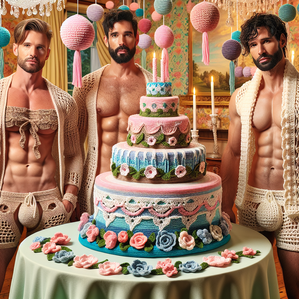 Imagine a charming room filled with appealing crochet birthday decorations providing a warm and welcoming atmosphere. The central focus is a detailed crochet replica of a birthday cake, surrounded by intricate crochet flowers and streamers, all in soft, appealing colors. Enhancing the scene, confident and attractive men of diverse descents, like Caucasian, Hispanic, Black, and Middle-Eastern, each with approachable demeanors, are dressed in crochet-themed outfits. These outfits tastefully accentuate their physique, playing a flirtatious game of festive and seductive. Their presence is seamlessly woven into the birthday theme, creating the perfect balance between charm and provocation.
Generated with these themes: Sexy men , and Crochet .
Made with ❤️ by AI.
