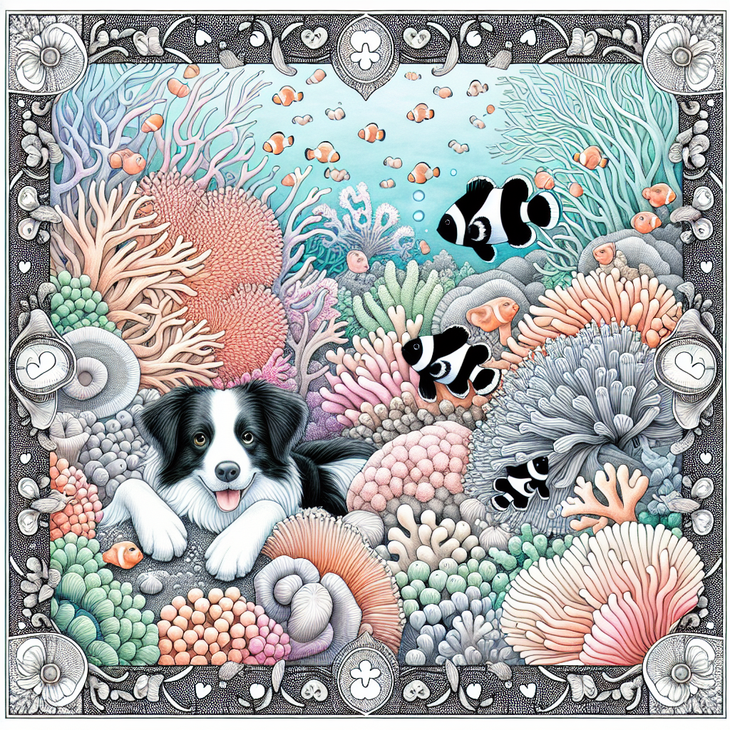 Create an underwater scenario, filled with a playful coral reef. This reef embraces a Mother's Day atmosphere through a variety of soft pastel-colored anemones and heart-shaped coral formations. Among the sea flora, a clownfish is seen parenting its young, taking cues from storybook marine life. Above the waterline, a lively black and white Border Collie makes a guest appearance, placing its front paws at the brink of the reef as if it admires the sea creatures. The entire illustration is boxed by an ornate black and white edge, with each corner decorated with complex patterns that subtly suggest an iconic but nondescript floral cross emblem.
Generated with these themes: Finding Nemo, Black and white border collie, and Black Sabbath.
Made with ❤️ by AI.