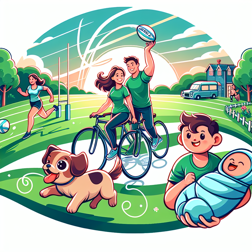 Create an adorable image reminiscent of the Cute Vector illustration style. The picture centers on a couple joyfully cycling together on a green path showcasing shared hobbies and achievements. Alongside them, a depiction of them playing rugby signifies their love for the sport, with a ball in mid-air above a green field designed in a vector style. Also, include an endearing dog with large, friendly eyes frisking merrily next to them, representing faithfulness and friendship. In the front plane, the sound of a baby laughing creates a sense of warmth and symbolizes the beginning of a new family chapter. Use smooth, curved lines to capture the innocence and joy of the child's laughter.
Generated with these themes: Cycling , Rugby, Dog, and Baby.
Made with ❤️ by AI.