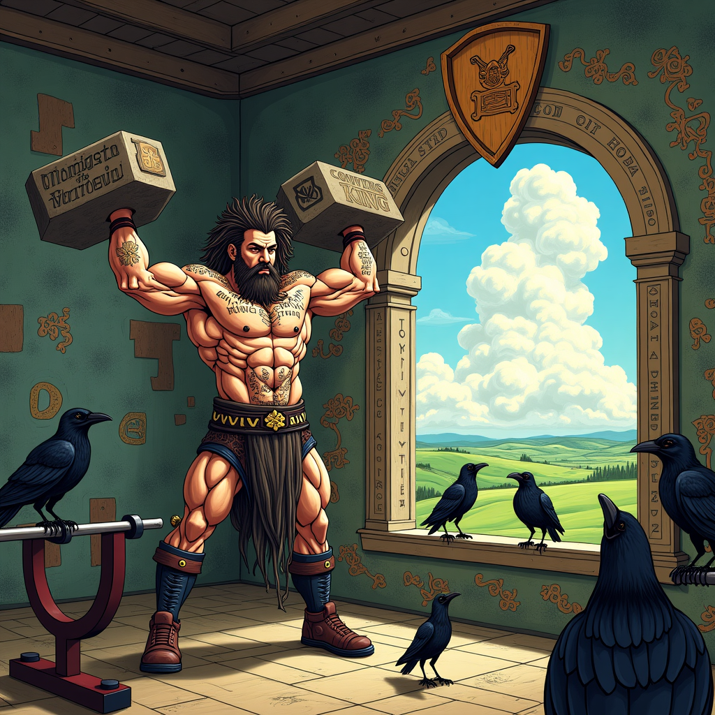 The scene opens to a bustling gym set in an old Nordic mead hall. The walls are adorned with intricate graffiti that merges Celtic knotwork with modern street art, reminiscent of the work of Aubrey Beardsley but with a colorful, urban twist. At the center, the Viking King, a colossal figure with rippling muscles and dreadlocks, stands victorious. He's mid-bicep curl with a massive, engraved stone dumbbell that resembles ancient runic monoliths, a nod to the storytelling style of Arthur Rackham.

Surrounding him are his gym companions: a crew of crows, each wearing miniature gym vests, cheering him on. One crow stands proudly on a bench press bar, holding a small banner in its beak that reads "Congrats Viking King!" in bold stencil letters, echoing the classic yet modern styles of Edward Gorey and Quentin Blake.

In the background, a window offers a sweeping view of the Welsh countryside, its rolling green hills reminiscent of Beatrix Potter’s illustrations, but with a twist – a dragon-shaped cloud formation in the sky. Within the dragon's wispy tail, the words "Viking King" are subtly written in clouds, capturing the grandeur of Maxfield Parrish's skies.

Viking King’s broad shoulders and torso are decorated with tattoos that narrate tales of Viking conquests and mythical creatures, akin to Gustave Doré’s detailed etchings. Hanging above the gym, a giant wooden shield acts as a logo, etched with the Viking King’s emblem and flanked by battle axes, reminiscent of N.C. Wyeth’s heroic illustrations.

The entire scene is a tapestry of Viking lore and modern fitness culture, blending the fantastical with the contemporary in a uniquely whimsical yet triumphant tableau.
Generated with these themes: big-male viking-warrior-fitness-muscles-viking-male-man-gym-crow-wales-stencil-logo-dreadlocks-graffiti-tattoos-.
Made with ❤️ by AI.