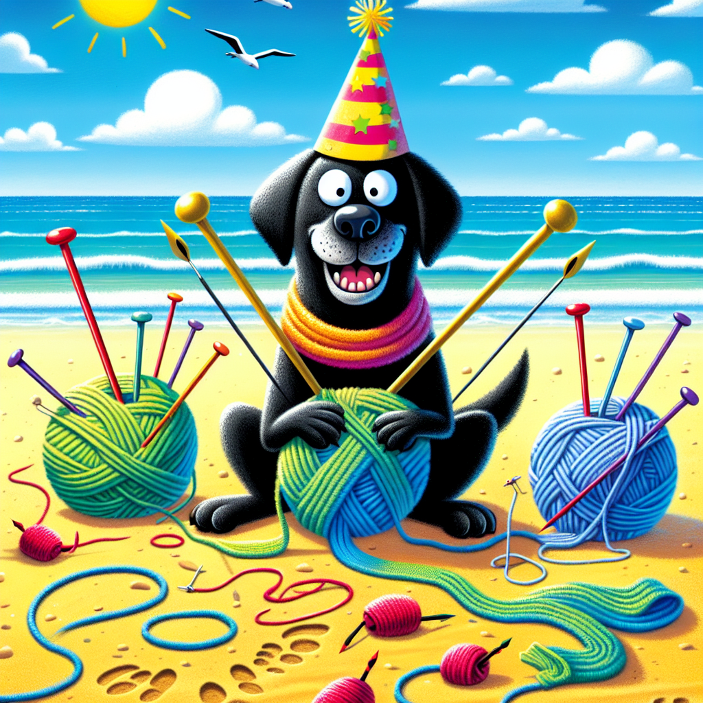 Create a humorous, cartoon-style beach scene set on a sunny day with vibrant shades of blue and yellow to signify a lively 60th birthday celebration. At the core of the scene, a gleeful black Labrador dog wearing a party hat is amusingly tangled in a colorful ball of yarn, giving the impression it's trying to knit. Around the dog, numerous knitting needles and a semi-finished scarf comically trail off towards the sea. The sand around the playful canine is whimsically imprinted with a pattern of bright red cherries, adding a charming contrast against the backdrop of the ocean.
Generated with these themes: Black labrador dog, Beach, Knitting , Cherries, and 60th.
Made with ❤️ by AI.