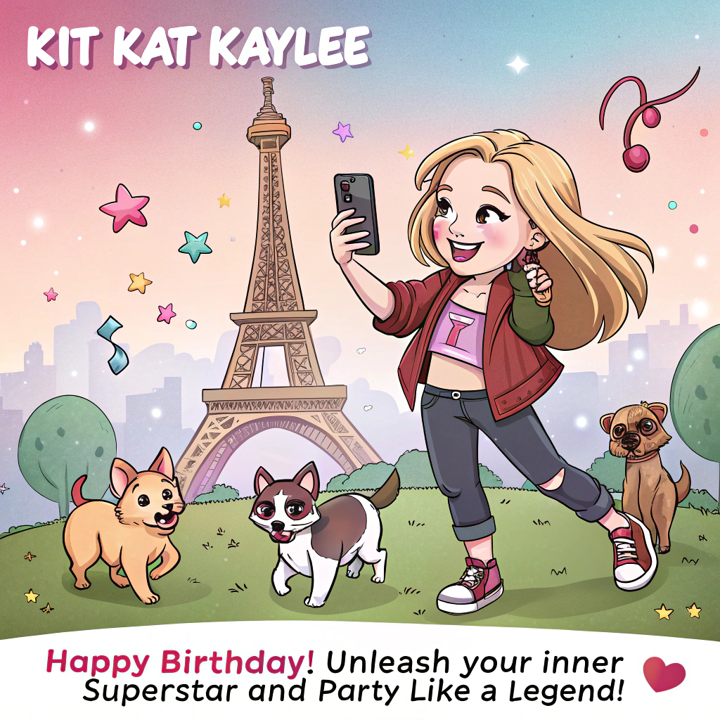 At the top of the image, "Kit Kat Kaylee":  
Add at the bottom of the image, "Happy Birthday! Unleash your inner superstar and party like a legend!"

- In the center of the image, capture Billie Eilish standing in front of the Eiffel Tower, holding a smartphone, live-streaming a TikTok dance.

- Surrounding Billie, feature a group of German shepherd puppy mixes, all wearing tiny berets, mimicking her dance moves with their paws in the air.

- Place a charming little Chihuahua at her feet, wearing oversized sunglasses and a stylish mini scarf, striking a sassy pose for the camera.

- The sky above Paris should be a vibrant, cotton-candy mix of pink and purple, adding a whimsical touch to the cityscape.

- Include a crowd of animated onlookers, some with their own phones up, capturing the hilarious scene as Billie and her canine crew entertain the masses.

- Ensure the lighting suggests a sunny, cheerful day, perfect for an outdoor dance-off with a famous backdrop.
Generated with these themes: Billie Eilish, TikTok , Chihuahua and German shepherd puppy mix , and Paris .
Made with ❤️ by AI.