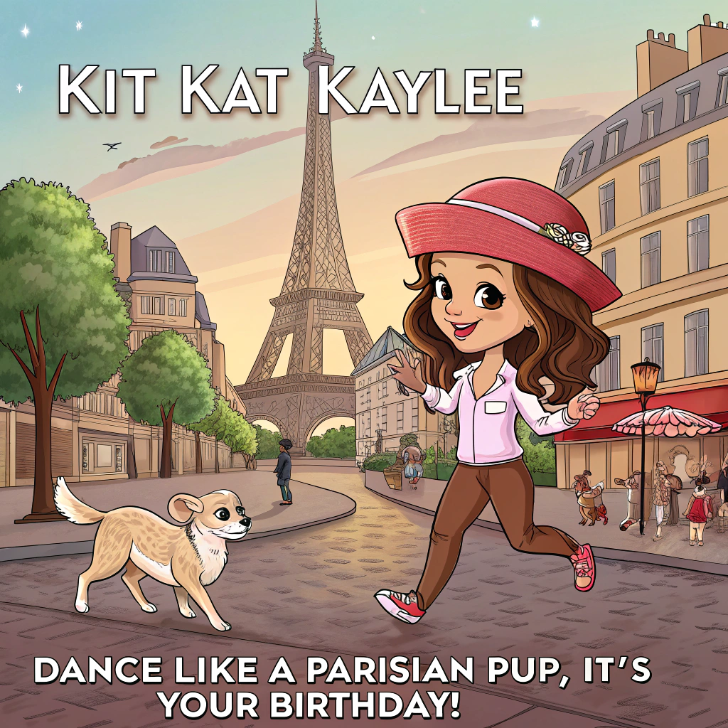 At the top of the image, "Kit Kat Kaylee":

At the bottom of the image, "Dance like a Parisian pup, it's your birthday!"

- In the center of the image, capture a bustling Parisian street with the iconic Eiffel Tower in the background. The street is lively with Parisians and tourists, some snapping selfies, others sipping coffee at quaint sidewalk cafes.

- In the foreground, highlight a mischievous Chihuahua and a German shepherd puppy mix. The Chihuahua is sporting a miniature beret and tiny sunglasses, exuding an air of cool confidence as it struts on the cobblestones.

- Beside the Chihuahua, the German shepherd puppy mix is in mid-jump, showcasing an enthusiastic attempt at a TikTok dance. Its floppy ears and tail are playfully animated, as if in sync with an invisible beat.

- Billie Eilish makes a whimsical appearance, sitting at one of the cafe tables, watching the dogs with an amused expression. Her signature oversized clothing and vibrant hair make her unmistakable, blending celebrity flair with the charming Parisian scene.

- The overall mood is comedic yet stylish, capturing the essence of a fun, modern birthday celebration in the heart of Paris.
Generated with these themes: Billie Eilish, TikTok , Chihuahua and German shepherd puppy mix , and Paris .
Made with ❤️ by AI.