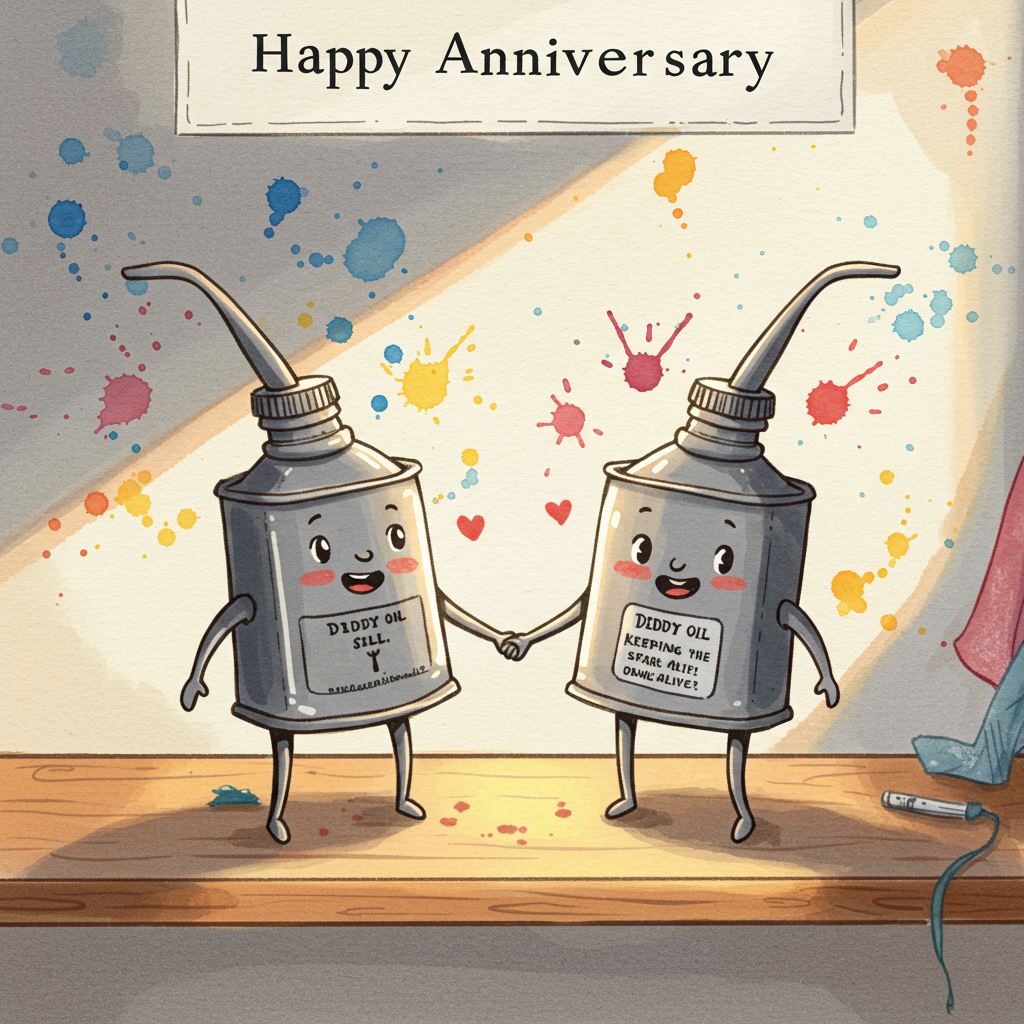 At the top of the Watercolor Style image, "Happy anniversary"

**Image Prompt:** In a humorous watercolor scene, picture two pint-sized oil cans with smiling faces and tiny, wobbly legs, standing side by side on a sunlit wooden shelf. They are playfully holding hands (or rather, handles) with exaggerated expressions of joy. Surrounding them are whimsical splashes of vibrant colors, creating an atmosphere of celebration. One can has a cheeky label reading, "Diddy Oil: Keeping the Spark Alive!" The scene exudes a playful, airy charm with soft washes of color and gentle paper textures, perfect for an anniversary card.
Generated with these themes: DIDDY Oil, and .
Made with ❤️ by AI.