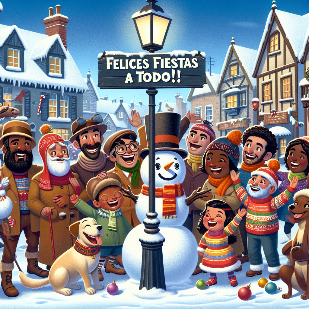 A cheerful cartoon scene of a group of friends, both human and animal, building a snowman in a festive village square. They are all donning Christmas attire, with a backdrop of snow-covered cottages. Hanging from a lamppost, a sign shows the greeting 'Felices fiestas a todo/as'.
Generated with these themes: group of friends.
Made with ❤️ by AI.