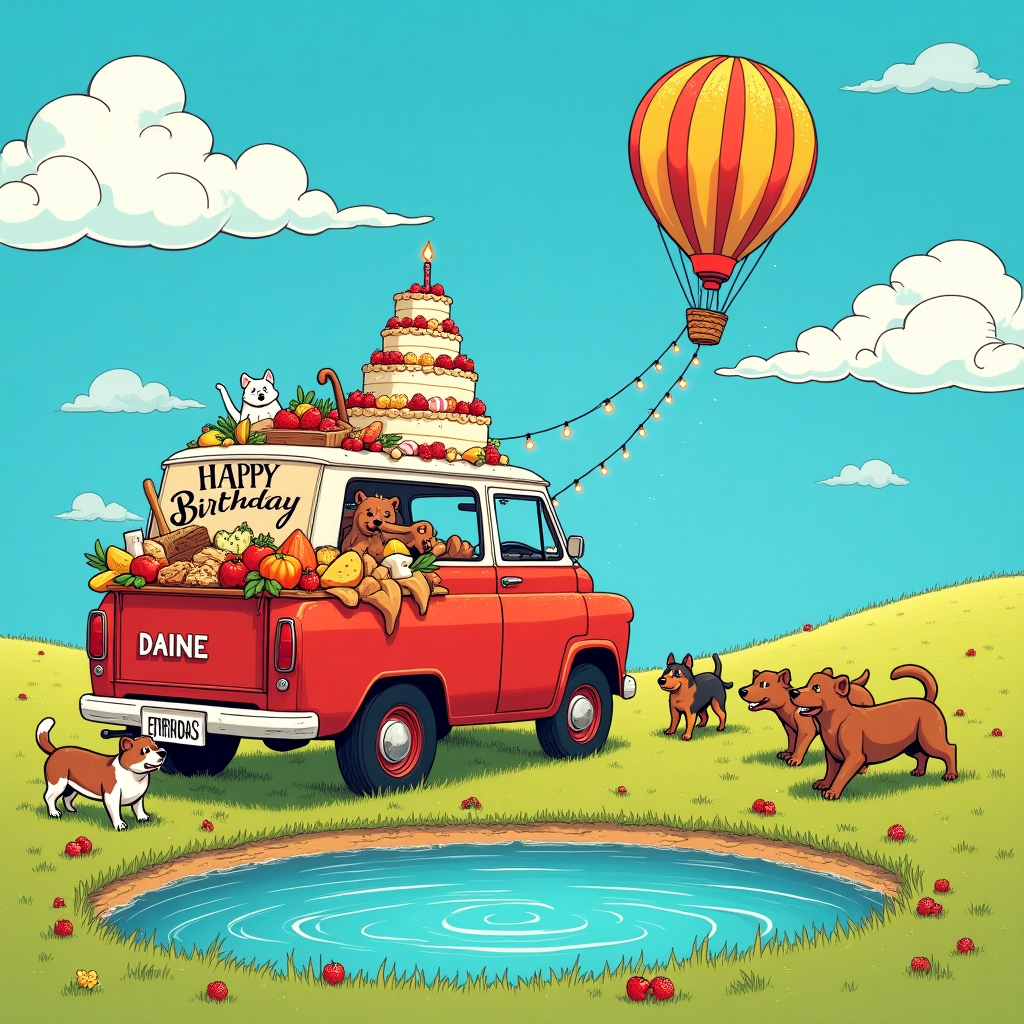 In a serene meadow under a sapphire blue sky, a vintage truck, reminiscent of the classic vehicles seen in Charles Schulz’s Peanuts, is parked slightly askew. Its vibrant red paint is speckled with dust from a long journey, and the truck bed is overflowing with an assortment of delectable foods—crisp, colorful fruits, a lavish cheese board, and a giant, tiered birthday cake. The cake is adorned with elegant frosting swirls, with "Happy Birthday Daine" inscribed in icing script across the top, a nod to Osamu Tezuka's delicate line work. In the foreground, a pack of dogs, drawn with a whimsical touch akin to Bill Watterson’s Calvin and Hobbes, cavort playfully around a crystal-clear pond. The water shimmers with a hint of magic, inspired by Winsor McCay’s dreamlike Slumberland, reflecting the cheerful chaos and the fluffy white clouds above, one of which is subtly shaped to spell "Daine" in wispy letters. Hovering near the horizon, a hot air balloon—captured in the bold, adventurous style of Hergé’s Tintin—floats gently upward. Its basket is tied with strings of sparkling lights, casting a warm glow, and a banner trails behind, fluttering in the breeze with the words "Spectacular Journey Ahead" in a font reminiscent of the playfulness found in Gary Larson's The Far Side. A sense of adventure and celebration abounds as each element weaves together to create a narrative of Daine’s special day.
Generated with these themes: Truck, dogs, Water, Food, something spectacular .
Made with ❤️ by AI.