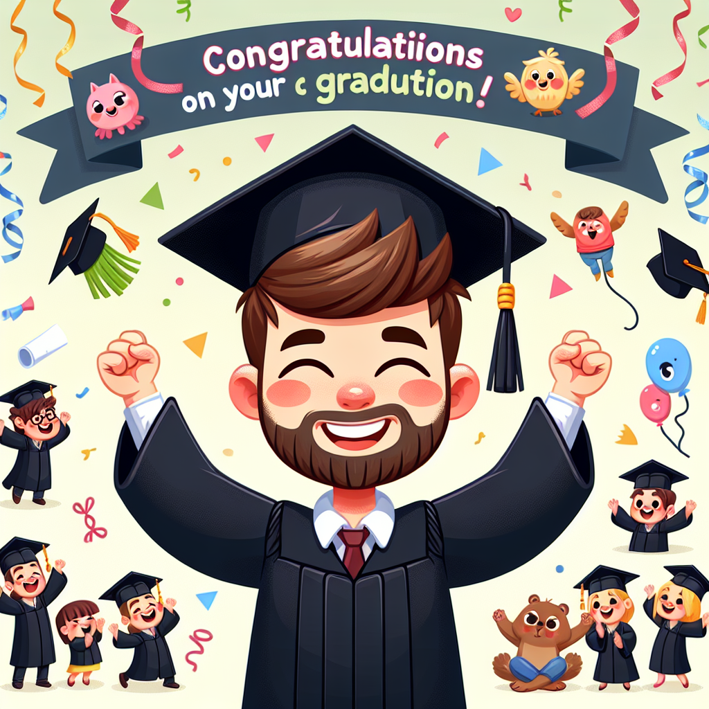 A cartoonish image depicts a joyful young graduate of Caucasian descent. He has neatly styled brown hair and a groomed beard. He is seen in the center wearing a black cap and gown, his arms raised up in victory, alluding to his successful academic journey. Various grateful animal characters cheer for him, and a whimsical series of streamers also contribute to the festive ambiance. A colorful banner floating above proclaims, 'Congratulations on your Graduation, Josh,' reaffirming the personal and triumphant theme of the scene.
Generated with these themes: Happy Young man with brown hair and a beard, wearing cap & gown, and "Congratulations on your Graduation, Josh".
Made with ❤️ by AI.