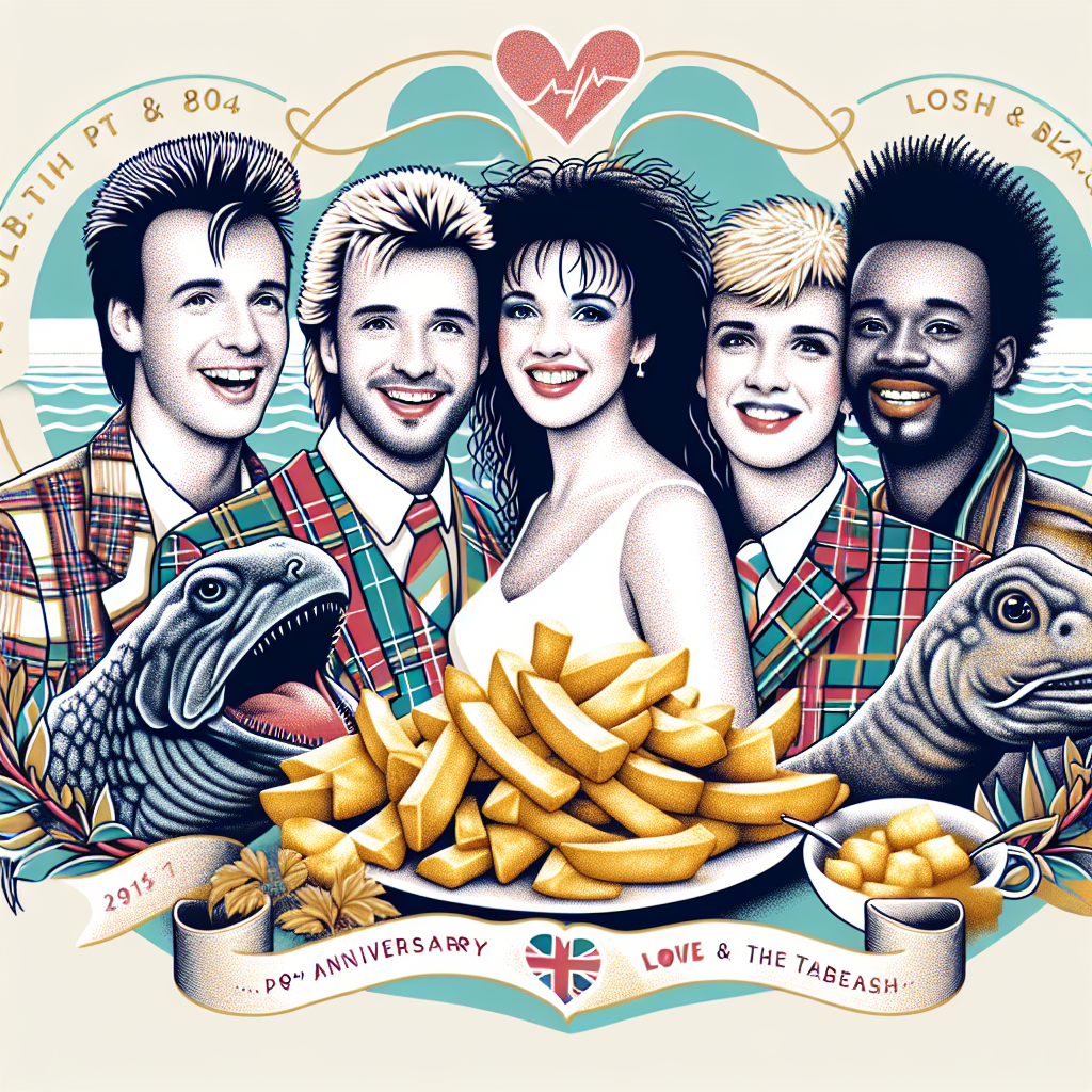 A captivating illustration celebrates an anniversary with an energetic 80s pop music theme. Central to the design, four jovial pop band members, two males of Caucasian descent and two females, one of Black descent and another of Asian descent, feature prominently. These characters don't represent real individuals but look joyful and nostalgic. Delicate, playful elements capture the essence of Scotland, such as a hint of tartan pattern or a mythical loch ness monster. Iconic imagery of delicious golden brown fish & chips adds a quaint, British charm to the composition, intertwining love with a tasteful nod to cultural classics.
Generated with these themes: 80;S POP MUSIC, BUCKS FIZZ THE EUROVISION WINNERS, SCOTLAND, and FISH & CHIPS.
Made with ❤️ by AI.