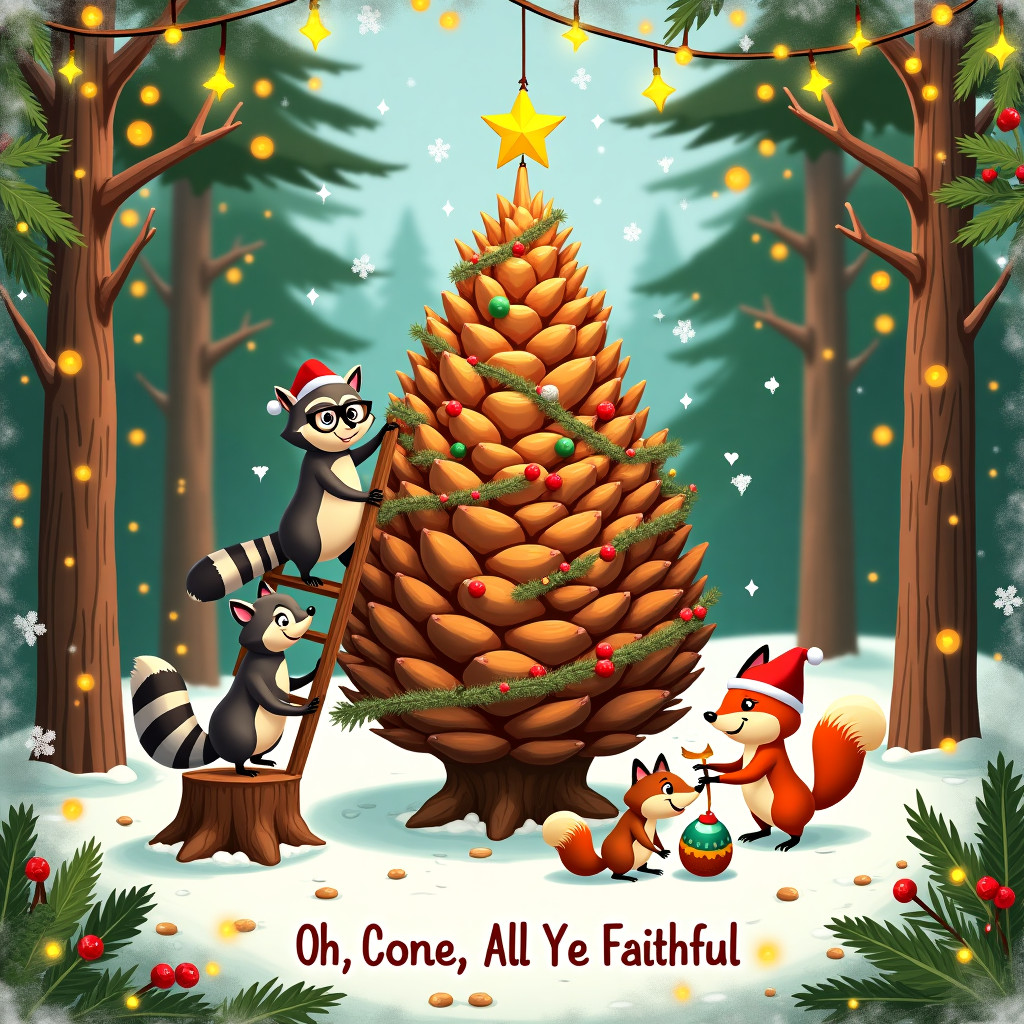 In the heart of a whimsical winter forest, a festive, cartoonish spectacle unfolds. The scene is set in a clearing surrounded by towering pine trees with exaggeratedly bushy tops, each tree a lively mix of burnt orange and deep forest green, as if their needles are ablaze with holiday spirit. In the center, a curious gathering of forest animals are in the midst of decorating a gigantic, comically oversized pine cone in place of a traditional Christmas tree. A bespectacled, portly raccoon stands on a tiny wooden ladder, carefully draping strands of popcorn and cranberry garlands around the cone, its fluffy tail poking out jauntily.

Nearby, a stylish fox wearing a Santa hat is balancing on a stump, holding up an oversized, glimmering golden star with a mischievous grin, ready to crown the pine cone masterpiece. A squirrel duo, one with a paintbrush in its tiny paw, is adding splashes of vivid color to acorns, turning them into dazzling ornaments that glimmer with hints of gold, silver, and emerald green. The ground is blanketed in a light dusting of snow, dotted with little paw prints leading to and from the scene, hinting at a bustling festive forest party.

Around this lively tableau, the border of the card forms an intricate lace of intertwining holly leaves and berries, their burnt orange hues complementing the forest greens. Snippets of tinsel weave through the border like playful strands of fairy lights, shimmering with hints of gold and silver. At the bottom of the card, a line of whimsical text reads, "Oh Cone, All Ye Faithful," playfully nodding to the oversized pine cone at the heart of this quirky Christmas gathering.
Generated with these themes: burnt orange forest green Christmas theme border .
Made with ❤️ by AI.