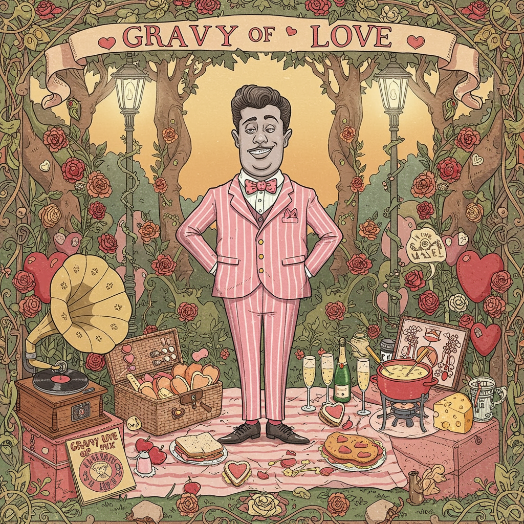 Title: "Gravy of Love"

Foreground: In the center, a charismatic, cheeky character inspired by Yung Gravy takes the stage. He is a whimsical, cartoonish figure with exaggerated features, like an elongated face, pronounced eyebrows, and a cheeky grin. He sports a classic vintage outfit with a twist: a pinstriped suit in a playful pastel pink, complete with a flamboyant heart-patterned bowtie. His hair is styled into a gravity-defying pompadour, reminiscent of rockabilly flair, adding a touch of nostalgia.

Objects: Surrounding this central figure, a medley of vintage and quirky objects contribute to the scene. On one side, a retro phonograph spins a record labeled "Gravy Love Mix," with whimsical musical notes swirling upwards, illustrated in a delicate, Beardsley-esque style. On the other side, a picnic basket overflows with heart-shaped sandwiches, champagne flutes filled with bubbly pink liquid, and a decadent fondue pot drizzling cheese, adding a cheeky nod to the indulgent theme.

Background: The backdrop is an intricate, stylized garden setting, reminiscent of Maurice Sendak's lush illustrations. Towering, whimsical trees with twisted trunks and heart-shaped leaves arch over the scene. Delicate, ethereal vines curl around the trees, adorned with blooming roses in soft shades of pink, red, and white. A quaint, vintage-inspired lamppost casts a warm, golden glow over the scene, its light gently illuminating the character and objects below.

Color Palette: The color scheme blends soft pastels with warm, vibrant hues. Pinks and reds dominate the foreground, accented by hints of mint green and sky blue in the background. A gradient of warm golden yellows and rich browns highlights the details, while black ink lines provide contrast and define the scene, echoing Edward Gorey's expressive, intricate style.

Overall Composition: The illustration is framed by an ornate, swirling border of roses and musical notes, giving it an elegant, classic touch inspired by Maxfield Parrish's compositions. The combination of intricate details and playful elements creates a dynamic and captivating scene, inviting viewers to explore the delightful, cheeky world of "Gravy of Love."
Generated with these themes: Cheeky yung gravy inspired, and .
Made with ❤️ by AI.