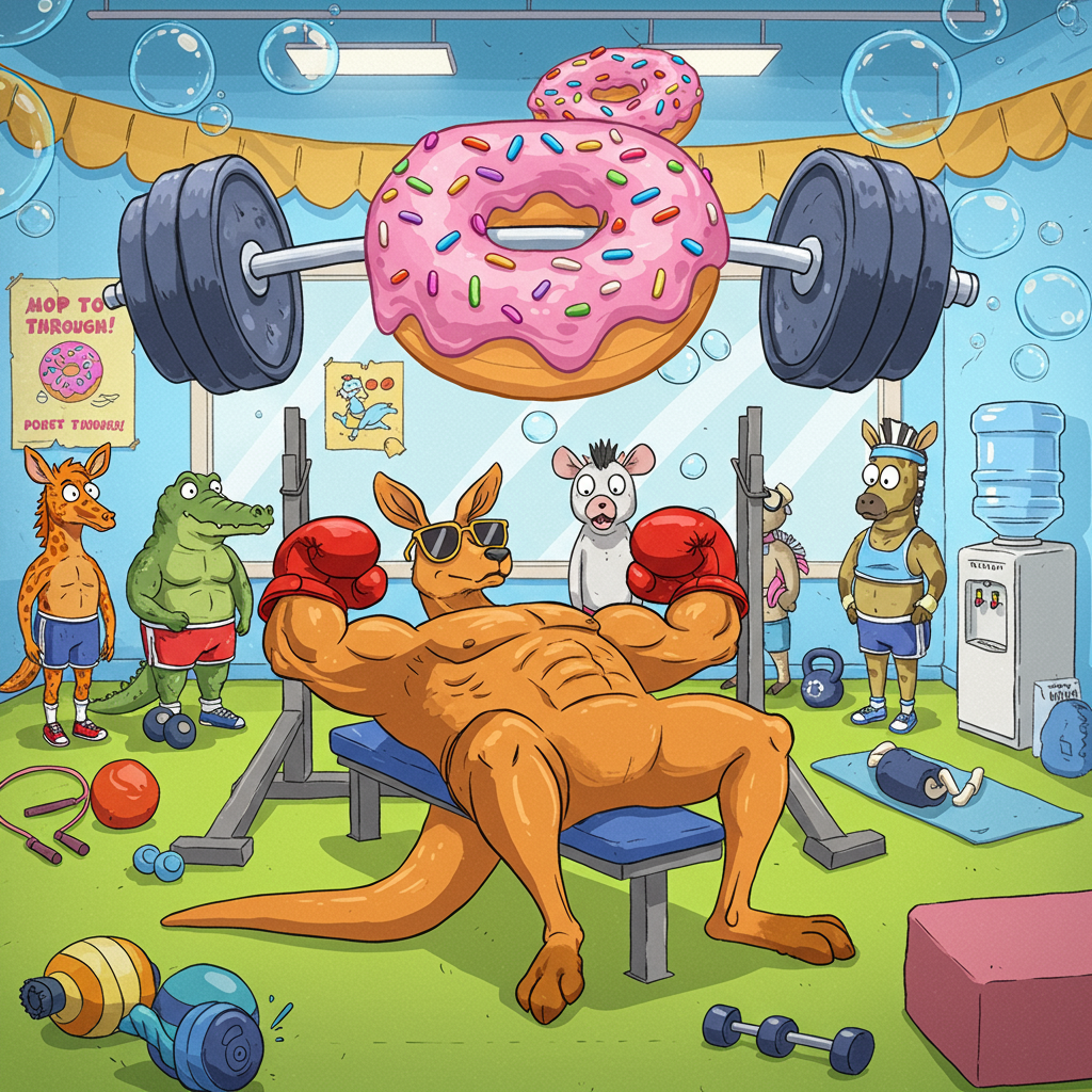 Front and center, a muscular kangaroo with exaggeratedly large arms and tiny sunglasses is lying on a vibrant, candy-striped bench press station. The kangaroo's fur is a warm, golden-brown hue, with a striking, cartoonishly long tail that curls humorously around one of the bench's legs. Its oversized boxing gloves are bright red, adding a pop of color against the fur.

Above the kangaroo, an oversized barbell floats mid-air, adorned with gigantic, donut-shaped weights instead of the traditional iron ones. Each donut is coated in pink icing with colorful sprinkles, contributing a playful twist to the scene.

Surrounding the kangaroo, a quirky audience of various anthropomorphic animals—think an alligator in gym shorts and a zebra wearing a headband—are positioned in a semi-circle. Each animal's features are exaggerated, reminiscent of the style seen in "Calvin and Hobbes" or "The Far Side," with wide eyes and expressive faces. The zebra sports a blue headband and striped legwarmers, while the alligator is hilariously attempting a split, its mouth open wide in a surprised 'O' shape.

The background showcases a bright, cartoon-style gym. Walls are a sky-blue color, dotted with cheerful motivational posters, featuring slogans like "Hop To It!" and "Power Through!" in bold, colorful fonts. One poster features an image of a platypus lifting weights, its bill drooping comically over its exercise mat.

The floor is a soft lime green, scattered with various colorful gym equipment: skipping ropes, kettlebells, and oversized foam dice acting as exercise blocks. A water cooler stands to the side, overflowing with large bubbles that float whimsically towards the ceiling, adding a touch of whimsy to the scene.

Above everything, a vibrant, cartoonish banner stretches across the top, reading "HOPPY BIRTHDAY!" in bouncy, playful letters that seem to leap off the page, inspired by the movement of the kangaroo itself.

This scene blends the distinctive charm and style of Schulz, Watterson, and Larson, offering a humorous yet visually captivating birthday greeting card design.
Generated with these themes: kangaroo bench press.
Made with ❤️ by AI.