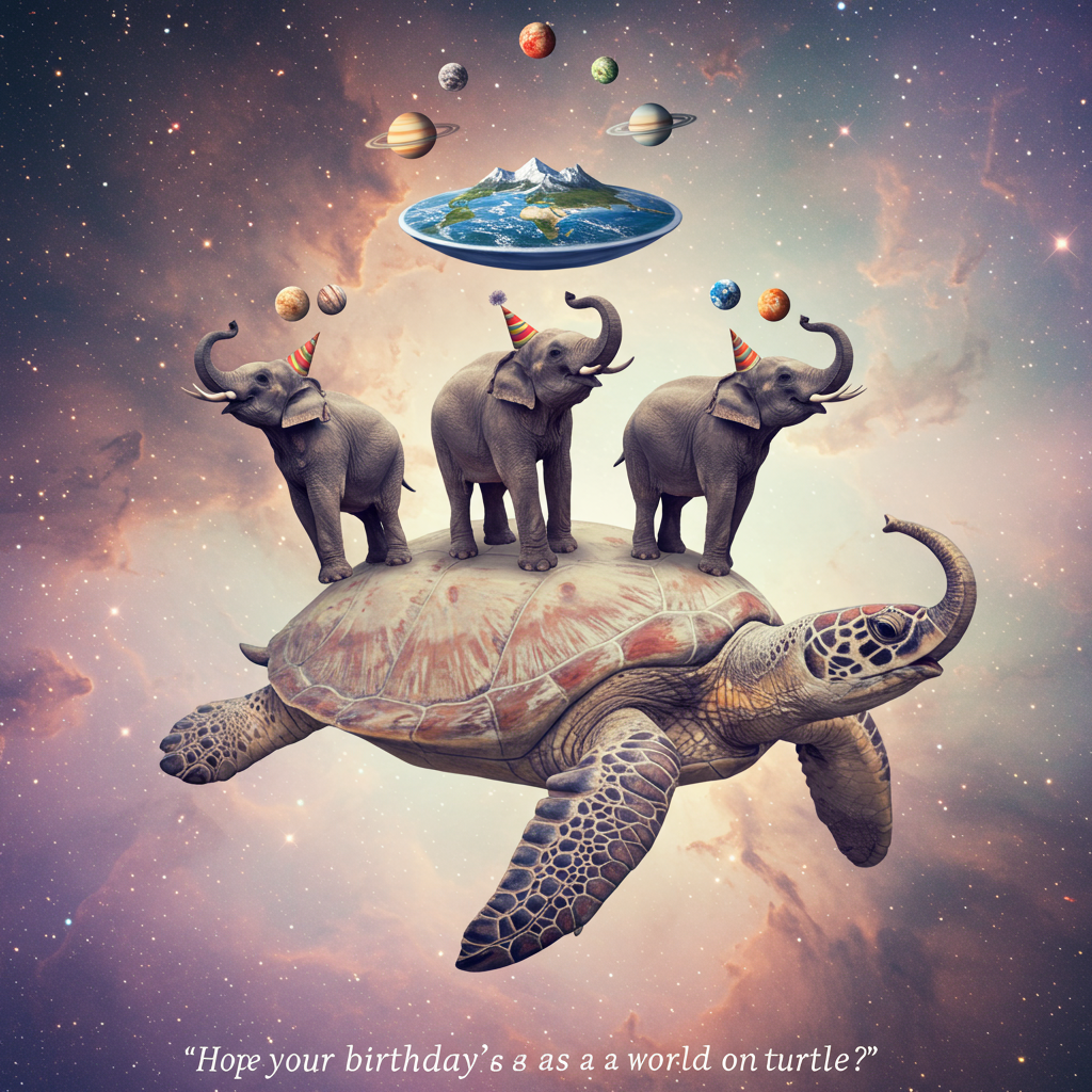 Discworld on turtleback supported by 4 elephants , and Birthday Card