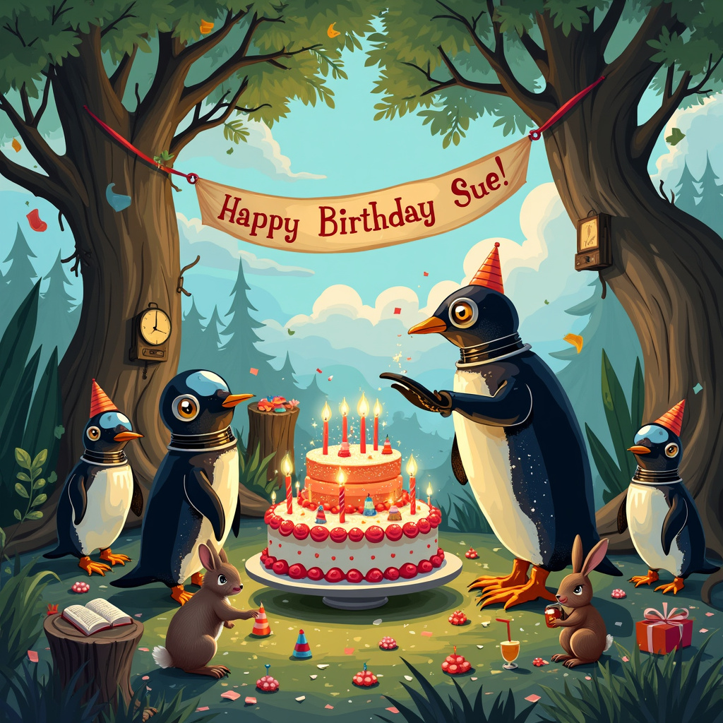 In the middle of a lush, whimsical forest brimming with ancient, gnarled trees that have fantastical, almost-human expressions, we see a lively birthday scene unfolding. At the heart of the illustration is a joyful group of penguins and a quirky Astro bot, all gathered around a large, vividly-decorated birthday cake. The cake, adorned with sparking candles and vibrant icing, has "Happy Birthday Sue!" elegantly written in the frosting with sparkling, starlit icing.

The penguins are playfully dressed in tiny astronaut helmets and space boots, creating a humorous juxtaposition with their natural tuxedo-like plumage. They are eagerly surrounding the cake, some of them reaching out with flippers, while others are joyously tossing confetti made of stardust.

The Astro bot, standing tall with its shiny, metallic body reflecting the dappled sunlight filtering through the tree canopy, is holding a large birthday banner high above the cake. The banner, stretched between two tree branches, reads "Happy Birthday Sue!" in large, bold letters that seem to twinkle as if written with interstellar ink.

Scattered around the forest clearing are various whimsical elements that add depth and interest to the scene: A small tree stump with an open book resting on it, illustrated with vintage-style artwork reminiscent of Maurice Sendak. A curious squirrel peeks out from behind a tree, wearing a tiny party hat, while a pair of rabbits are setting up a makeshift table with delightful treats that look like they’ve been prepared by Beatrix Potter herself.

In the background, a tree with a bark that resembles the intricate linework of Aubrey Beardsley has branches that stretch up into the sky, forming the letters of "Sue" in its canopy. The leaves shimmer with an ethereal glow, capturing the enchantment of Maxfield Parrish’s dreamlike scenes.

Floating in the sky above, there are fluffy clouds that twist and curl, subtly spelling out "Sue" in their shapes, adding a celestial touch to the celebration.

This scene is an amalgamation of quirky, fantastical elements that weave together to create a unique and detailed birthday celebration for Sue, set in a forest where the ordinary meets the extraordinary.
Generated with these themes: Penguins, Astro bot, and Trees.
Made with ❤️ by AI.