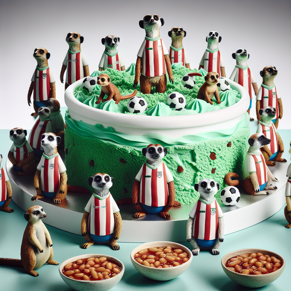 A fanciful birthday image where the central visual is a merry group of meerkats and monkeys wearing generic red and white soccer jerseys. They are congregated around a vibrant cake that's ingeniously molded to resemble a tub of mint chocolate chip ice cream, with the cake artistically illustrating the green and brown color palette. Adding an element of quirkiness to the celebration atmosphere are miniature bowls brimming with baked beans, scattered around the cake.
Generated with these themes: Manchester United, baked beans, meerkats, monkeys and mint choc chip ice cream.
Made with ❤️ by AI.