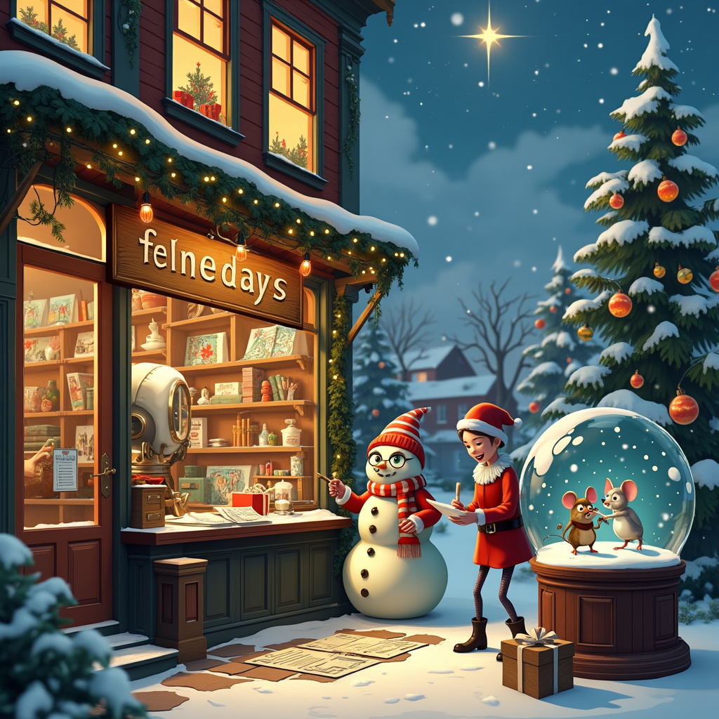 The scene opens on a whimsical, bustling Christmas village straight out of a storybook, reminiscent of Norman Rockwell’s attention to nostalgic detail and Maurice Sendak’s playful yet intricate compositions. Nestled in the heart of the village is an old-fashioned print shop with a wooden sign hanging overhead reading "The Ultimate Guide to AI-Generated Christmas Cards." The shop, complete with frosted windows and twinkling fairy lights, exudes an inviting glow that illuminates the surrounding snow-covered cobblestone streets.

Inside the shop, a cozy scene unfolds. At the center of the room, an elaborate Victorian-era printing press (with some quirky, futuristic modifications) churns out perfectly decorated Christmas cards. The press, adorned with garlands, candy canes, and a small Christmas tree on its top, is an amusing hybrid of Beatrix Potter’s charming whimsy and Edward Gorey’s mechanical eccentricity.

Around the press, a lively team of AI-generated Christmas card characters, each embodying elements of N.C. Wyeth’s boldness and Quentin Blake’s energetic flair, are busily working. A cheerful robot elf with a tiny Santa hat perched on its metallic head feeds paper into the press. Another AI character, a dapper snowman with wire-rimmed glasses and a monocle, reviews a long checklist of festive designs while sipping hot cocoa. 

In the background, the walls of the shop are adorned with framed Christmas card samples, each one showcasing a different stylistic homage: from the dark, intricate linework of Aubrey Beardsley to the luminous colors and fantastical landscapes of Maxfield Parrish. On one shelf, a plump, mischievous mouse (a nod to Arthur Rackham’s detailed animal illustrations) is seen holding a quill, busily scribbling a note.

Outside the shop’s large bay window, an oversized AI snow globe sits on a pedestal, swirling with tiny, animated holiday scenes—tiny figures ice skating, reindeer flying, and a mini-Santa delivering gifts—capturing the imaginative essence of Gustave Doré.

The snow gently falling outside and a bright star shining above complete the scene, tying together the traditional with the fantastical, the old with the new, creating a delightful, quirky Christmas village dedicated to the craft of AI-generated greetings.
Generated with these themes: The Ultimate Guide to AI-Generated Christmas Cards.
Made with ❤️ by AI.