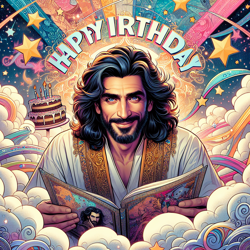 Create a vibrant and whimsical birthday illustration set in a magical setting. The central figure is a kindly, long-haired, Middle-Eastern man in traditional attire. He has a gentle smile on his face and holds a birthday cake in one hand and a comic book in the other. Behind him, there is a fantastical backdrop featuring celestial designs and classic comic book bursts, with 'Happy Birthday' written in a dynamic, superhero-style font. Soft, fluffy clouds surround the scene, contributing to the enchanted atmosphere.
Generated with these themes: Magic, Jesus, and Comic books.
Made with ❤️ by AI.
