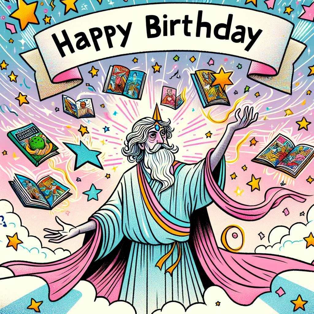 A whimsical birthday illustration merging spirituality and popular culture motifs. A benevolent figure, reminiscent of a spiritual leader, is creatively depicted as a superhero, dressed in a flowing robe with a cape flowing behind him. He's surrounded by sparkling stars and floating comic books, which seem to come alive with his magical touch, referencing miracles attributed to spiritual leaders. Overhead, a pastel-colored 'Happy Birthday' banner flutters, coalescing the elements of magic, faith, and comics.
Generated with these themes: Magic, Jesus, and Comic books.
Made with ❤️ by AI.