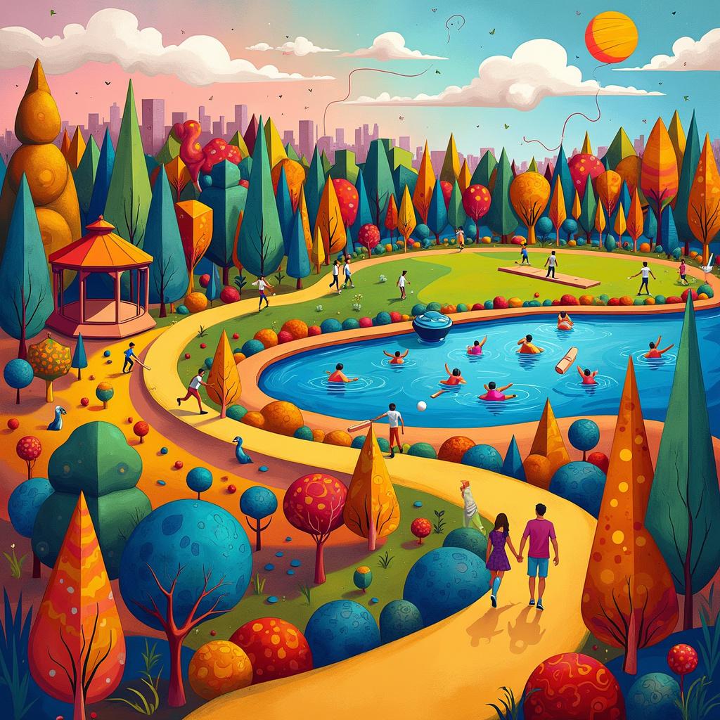 In a fantastically whimsical park, a vibrant abstract landscape sprawls out, inspired by Kandinsky's playful geometry and Mondrian's bold, intersecting lines. In the foreground, a meandering path, painted in a mix of Pollock's dynamic splatters, leads Joss and Nick towards a group of colorful, geometric runners. These figures, reminiscent of de Kooning's expressive forms, dash past a vivid, stylized lake filled with bright, fluid shapes that echo Miró's surrealism, where a couple of playful swimmers dive into swirling, multicolored waters. Adjacent to the lake is a cricket field, abstractly represented with Malevich-like simplistic shapes, where vibrant players, almost cartoonish, swing bats and chase a ball that’s a blend of Rothko's serene color fields. Further back, a garden inspired by Agnes Martin’s delicate grids and lines is filled with simplified, almost symbolic flowers, plants, and a quaint gazebo, capturing the tranquility of nature. Above, the sky is a masterpiece of subtle, gradient hues, inspired by Richter's blurred abstractions, with fluffy, Twombly-like clouds spelling out 'Happy Anniversary Joss and Nick' in whimsical, cursive script. On the horizon, de Stijl-inspired blocks symbolize various travel destinations, hinting at adventures yet to come. The entire scene is framed with playful swirls and scribbles, a nod to the carefree, creative spirit of the anniversary celebration.

Generated with these themes: Park Run, Wild Swim, Cricket, Travel, and Garden.  
Made with ❤️ by AI.