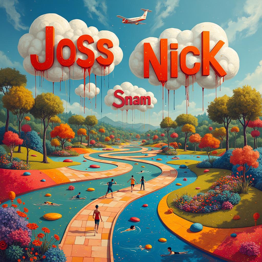 In a vibrant, abstract park, the names Joss and Nick are spelled out in whimsical clouds that float above a surreal landscape. This enchanting park features an interwoven, curvilinear path inspired by Kandinsky, where runners, composed of Mondrian-esque geometric shapes, loop around colorful trees that drip with colors reminiscent of Pollock's splatter paint. On one side, a fantastical pond, with swirling waters in the style of Rothko, welcomes wild swimmers diving in with de Kooning's expressive brushstrokes. Nearby, a cricket match unfolds on a field painted in rich, saturated hues, with players depicted as figures in the playful, surreal style of Miro. The garden area resembles an abstract labyrinth, showcasing Martin's delicate grid patterns filled with Richter’s textured flowers and plants that seamlessly blend into the scenery. In the sky, amidst the names Joss and Nick, dynamic scribbles inspired by Cy Twombly add an energetic touch to the scene. Soaring above all, a whimsical airplane, echoing Malevich's bold shapes, symbolizes travel and adventure. Every element in this fantastical scene intertwines to create a dynamic, celebratory tapestry honoring Joss and Nick.

Generated with these themes: Park Run, Wild Swim, Cricket, Travel, and Garden.  
Made with ❤️ by AI.