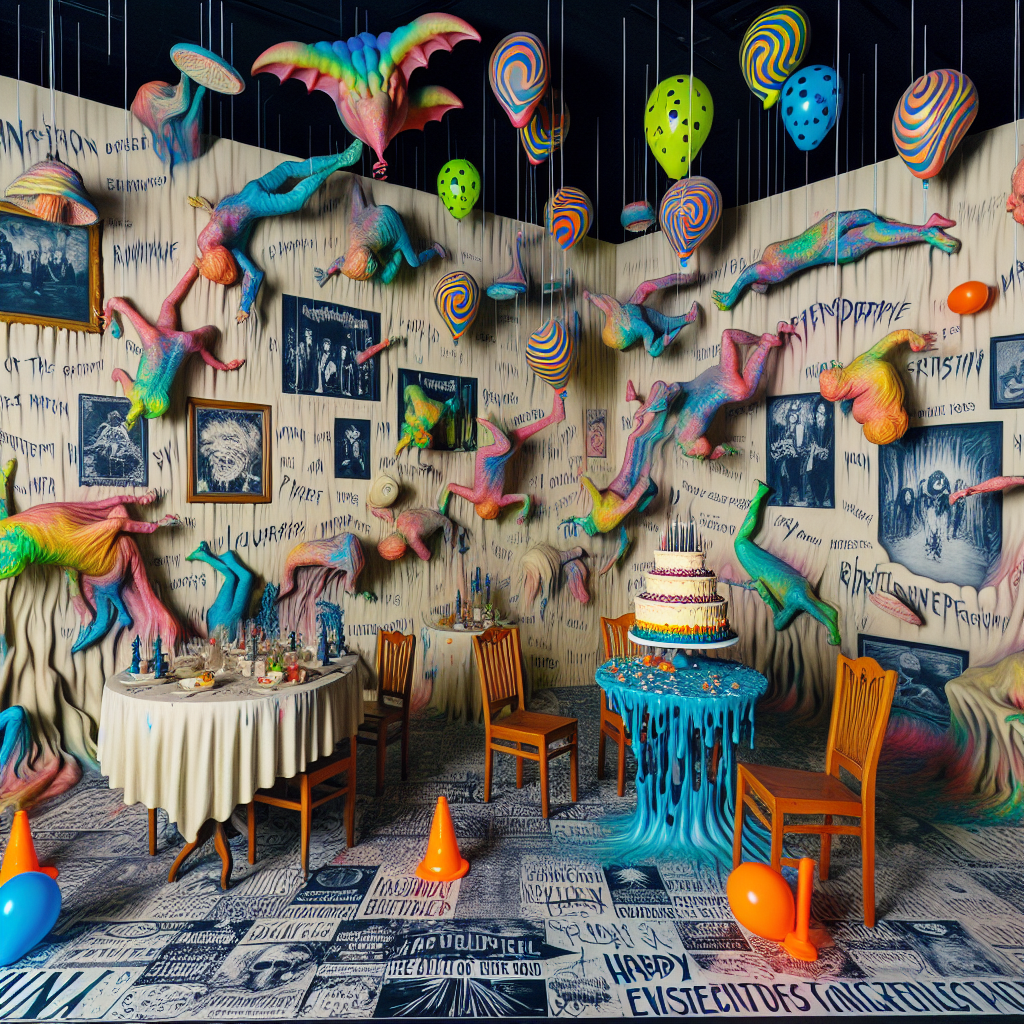 Imagine a room full of whimsical, surrealistic elements organized for a birthday celebration. Distorted balloons evolve into peculiar creatures, cakes deny the typical laws of gravity as they balance on tilting platforms, and fluorescent confetti assumes unnatural shapes. The ambiance is jazzed up by the grunge music, portrayed visually as worn, vintage band posters and smudged birthday wishes artfully graffitied on the walls. The overall scene insists on a fusion of dreamlike aspects and abstract art, resulting in a visual explosion of wild, chaotic wonder.
Generated with these themes: grunge music.
Made with ❤️ by AI.